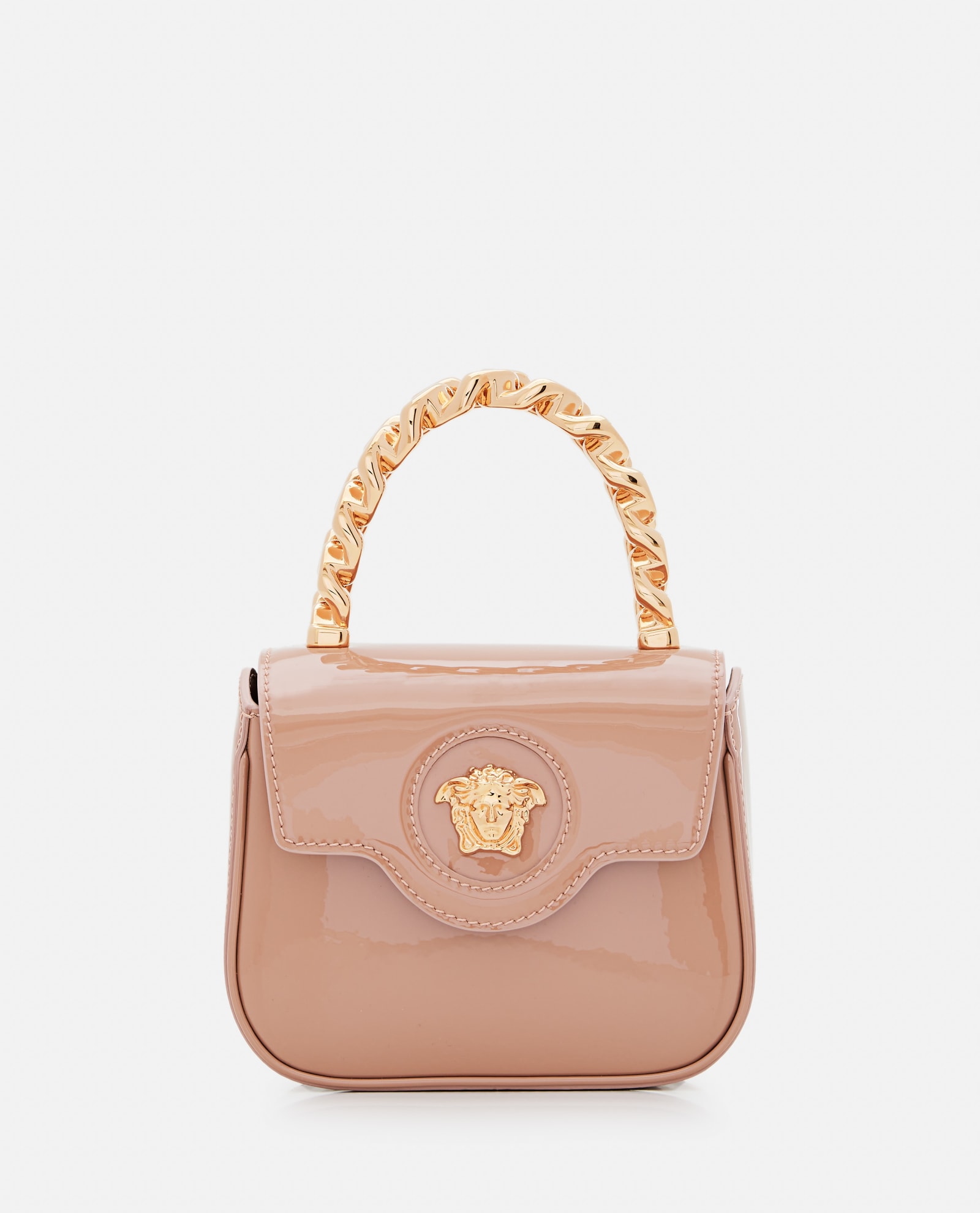 Shop Versace La Medusa Patent Leather Mini Bag In Rosa E Oro