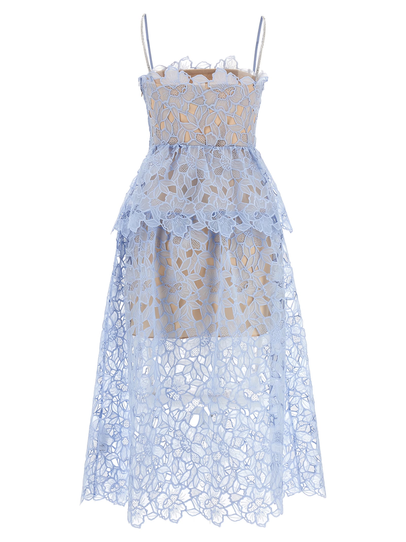 Shop Self-portrait Blue Organza Lace Midi Dress In Light Blue