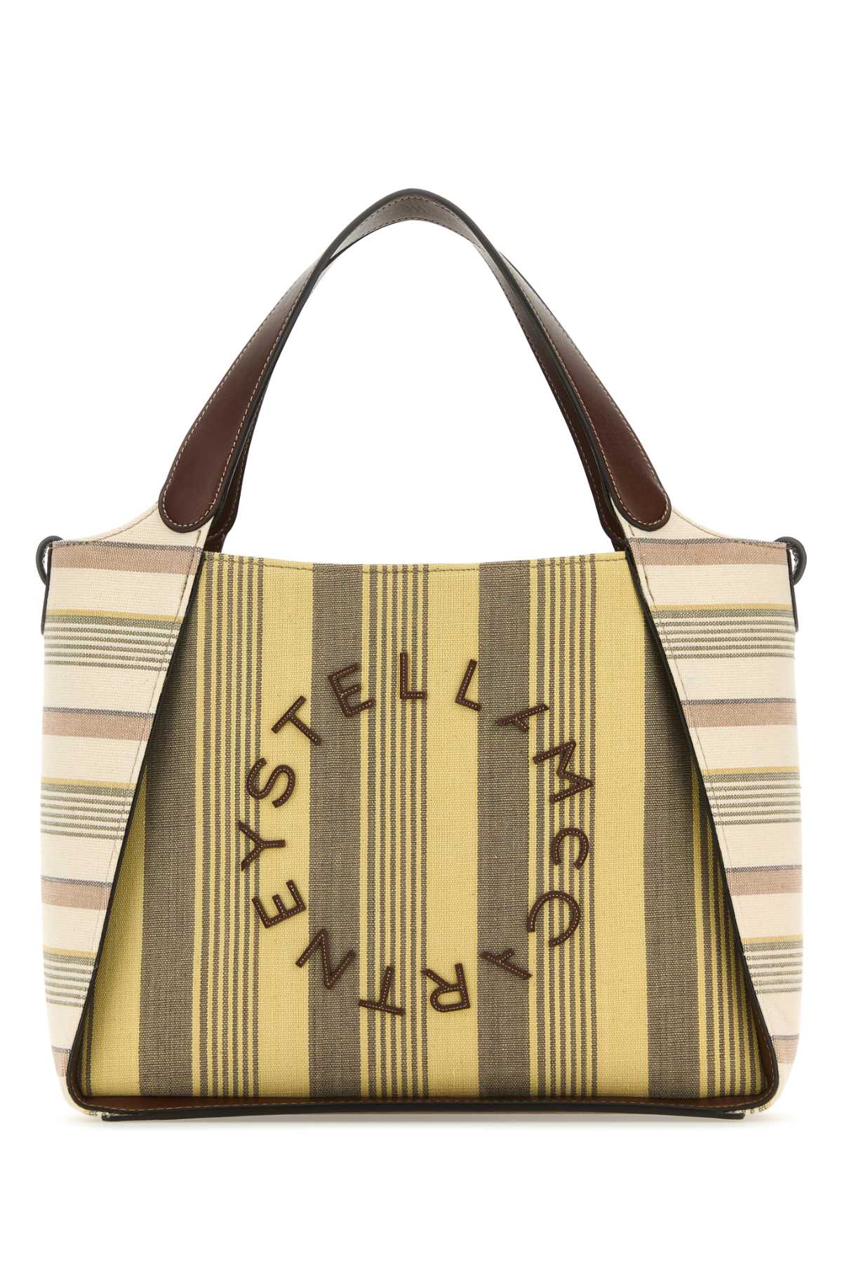 Shop Stella Mccartney Printed Fabric Stella Logo Handbag In Yellow/taupe
