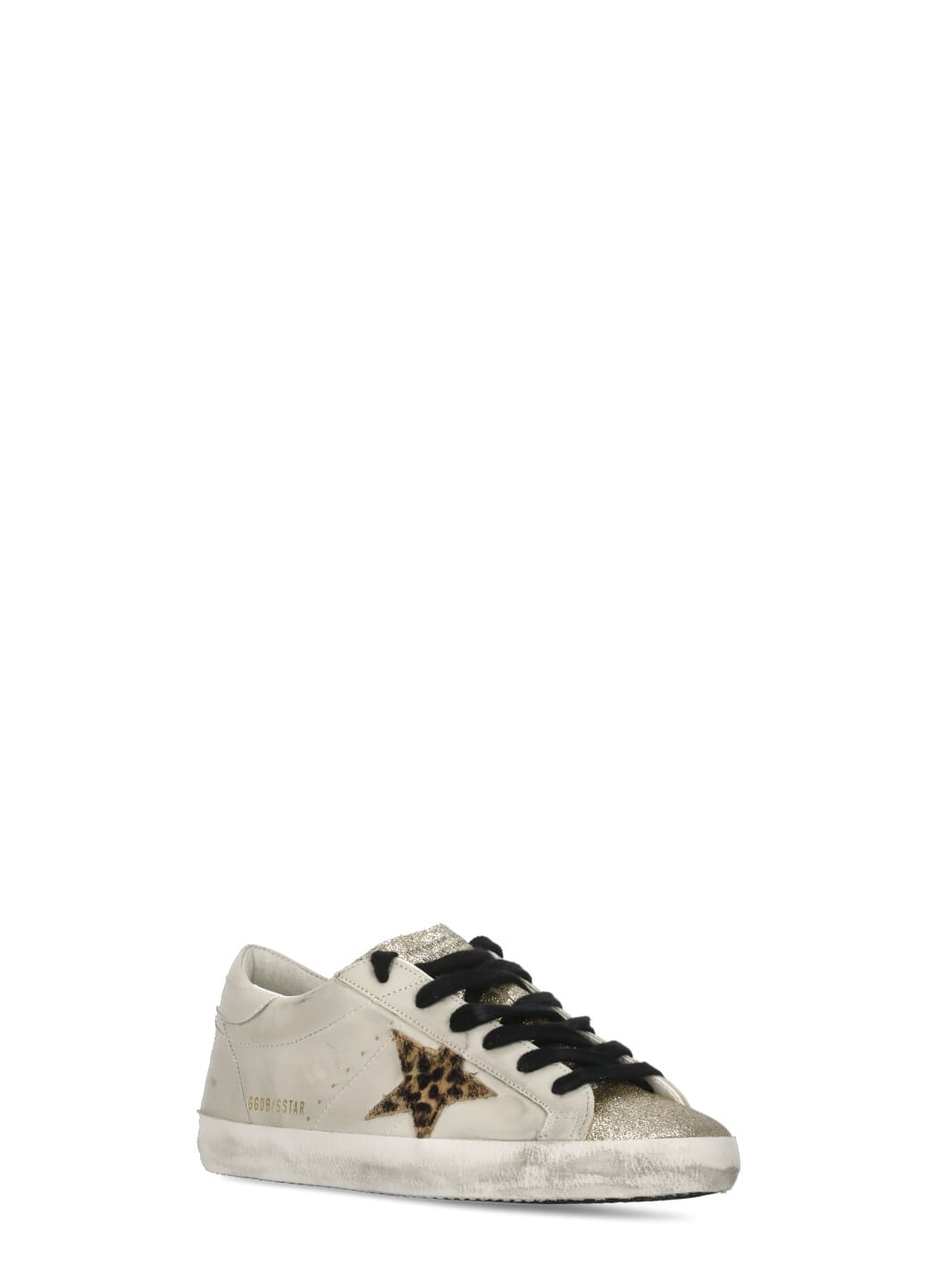 Golden Goose Women Super Star Leather Upper Glitter Toe And Tongue Leather Heel Leopard Horsy Star In White
