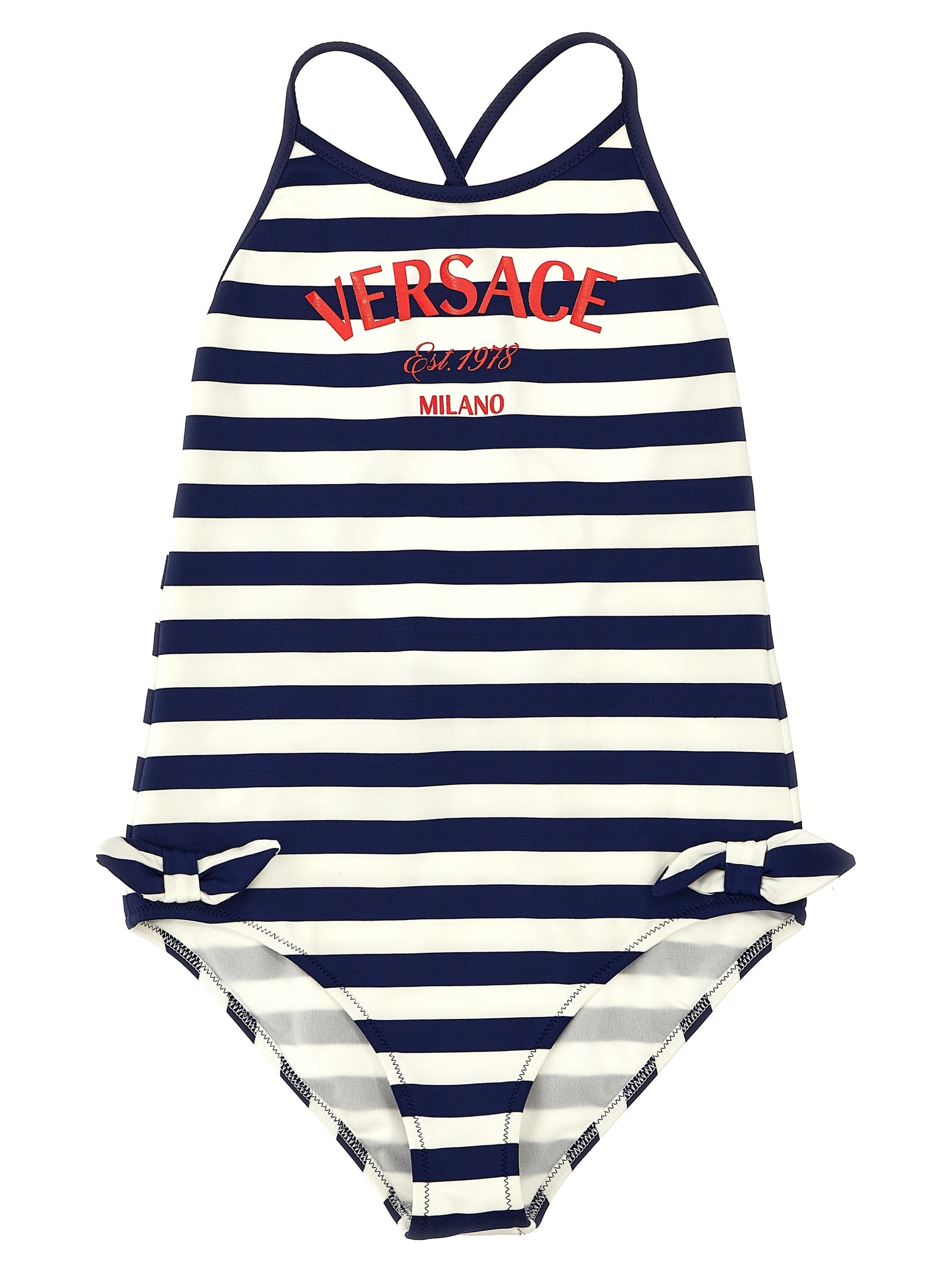 Versace Kids' One-piece Swimsuit With Logo Stripes In Multicolor