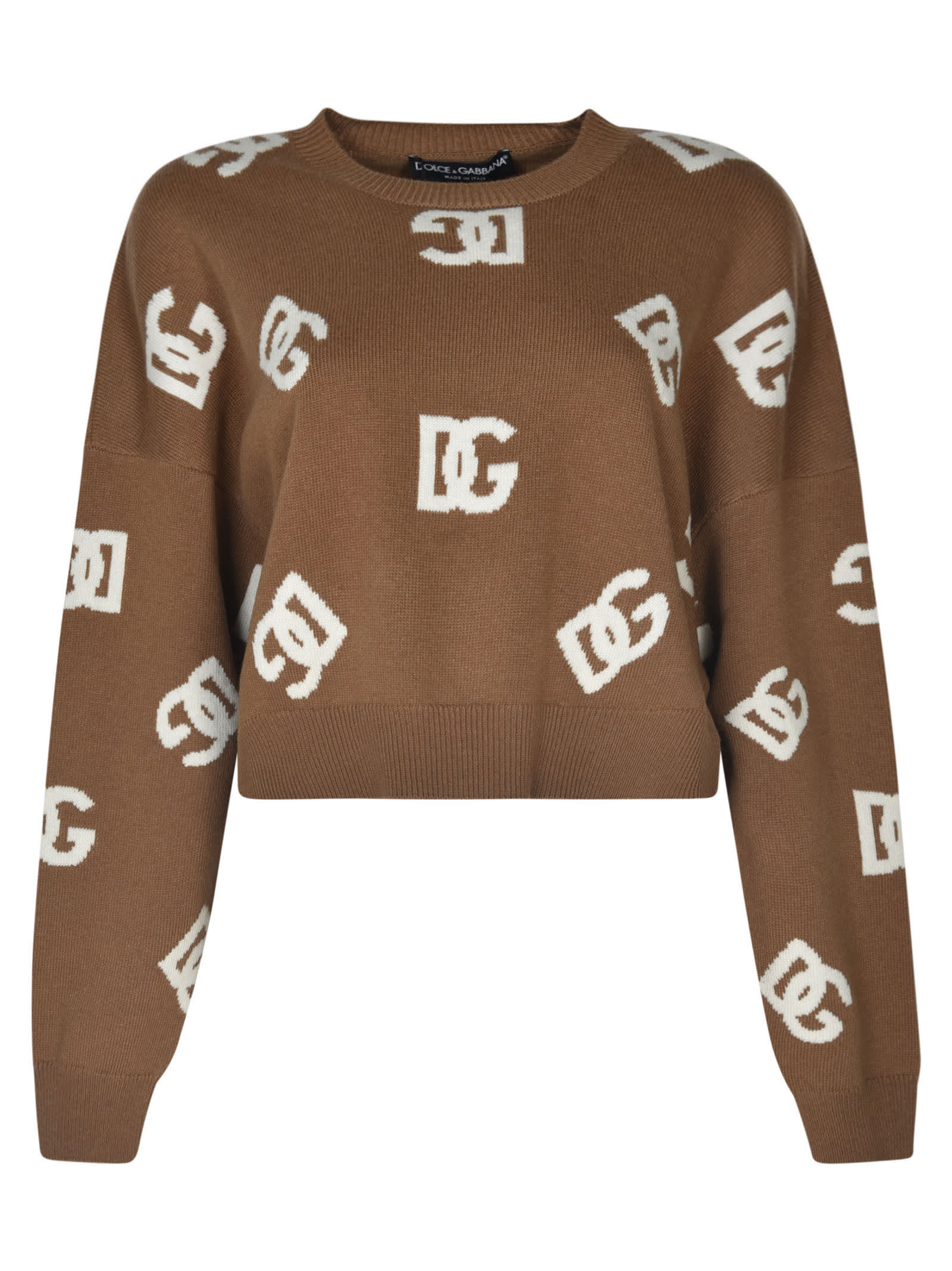 Dolce & Gabbana Logo Embroidery Cropped Sweater In Brown