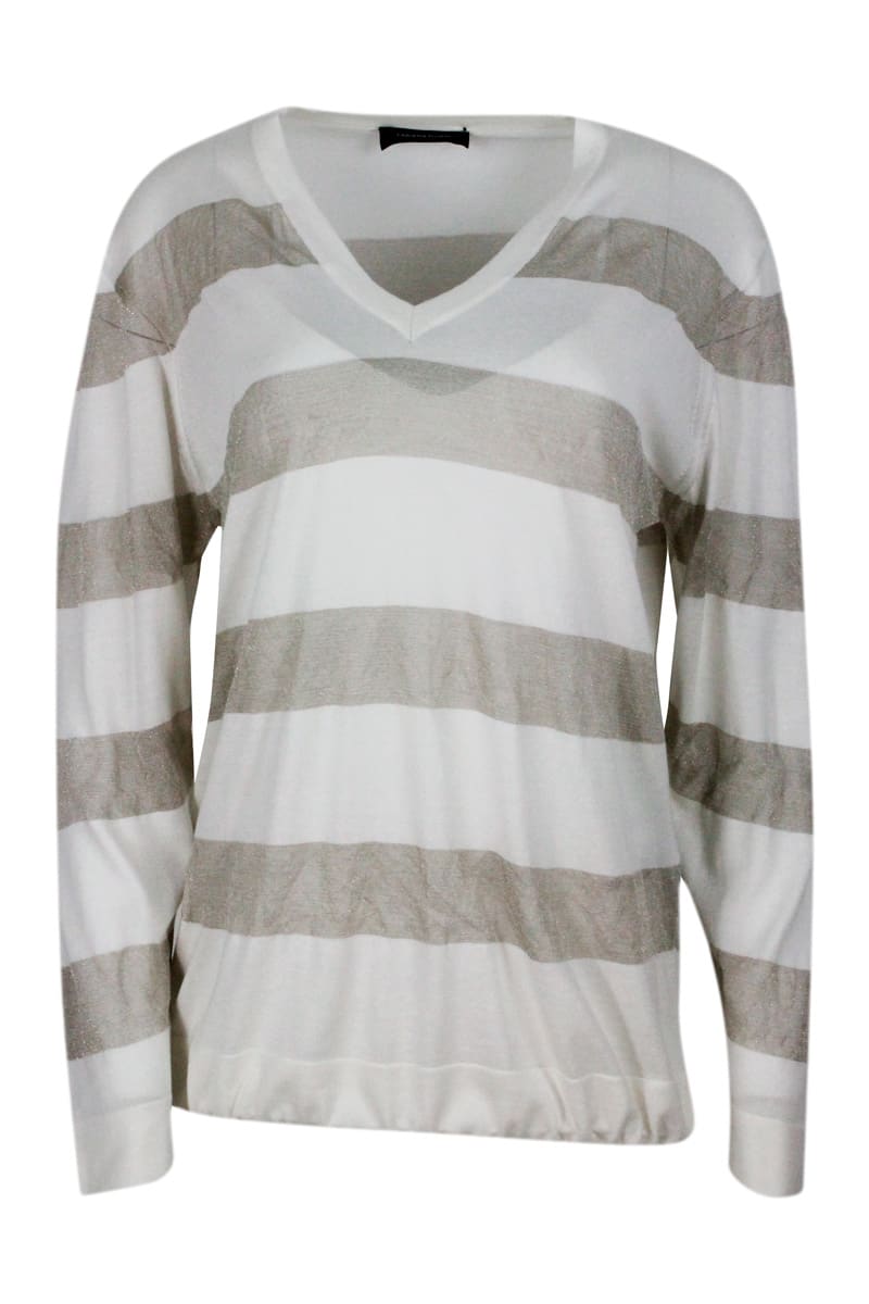 Shop Fabiana Filippi Long-sleeved Silk And Cotton V-neck Sweater In Cream