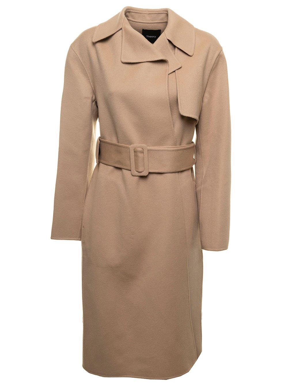 Shop Theory Belted Straight Hem Coat In Brown
