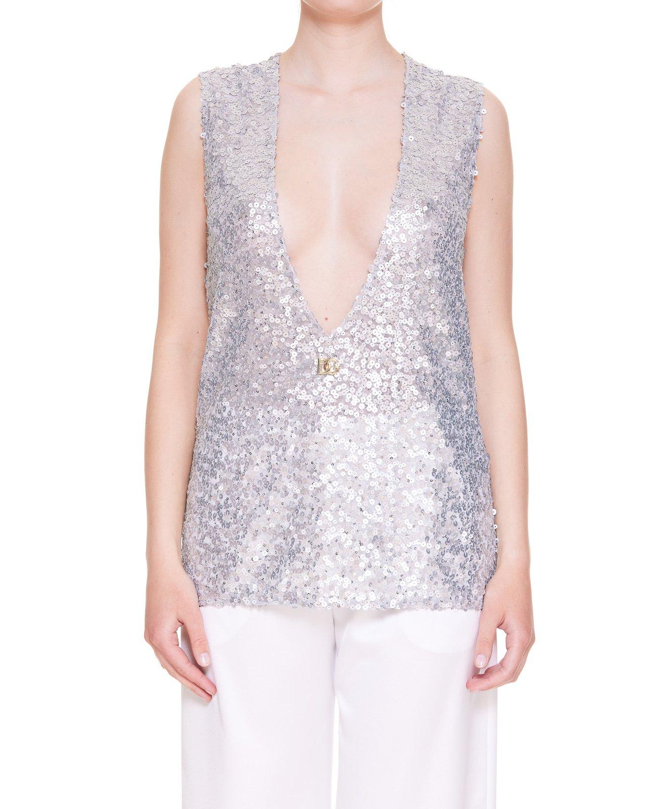 Shop Dolce & Gabbana Glitter V-neck Sleeveless Top In Argento