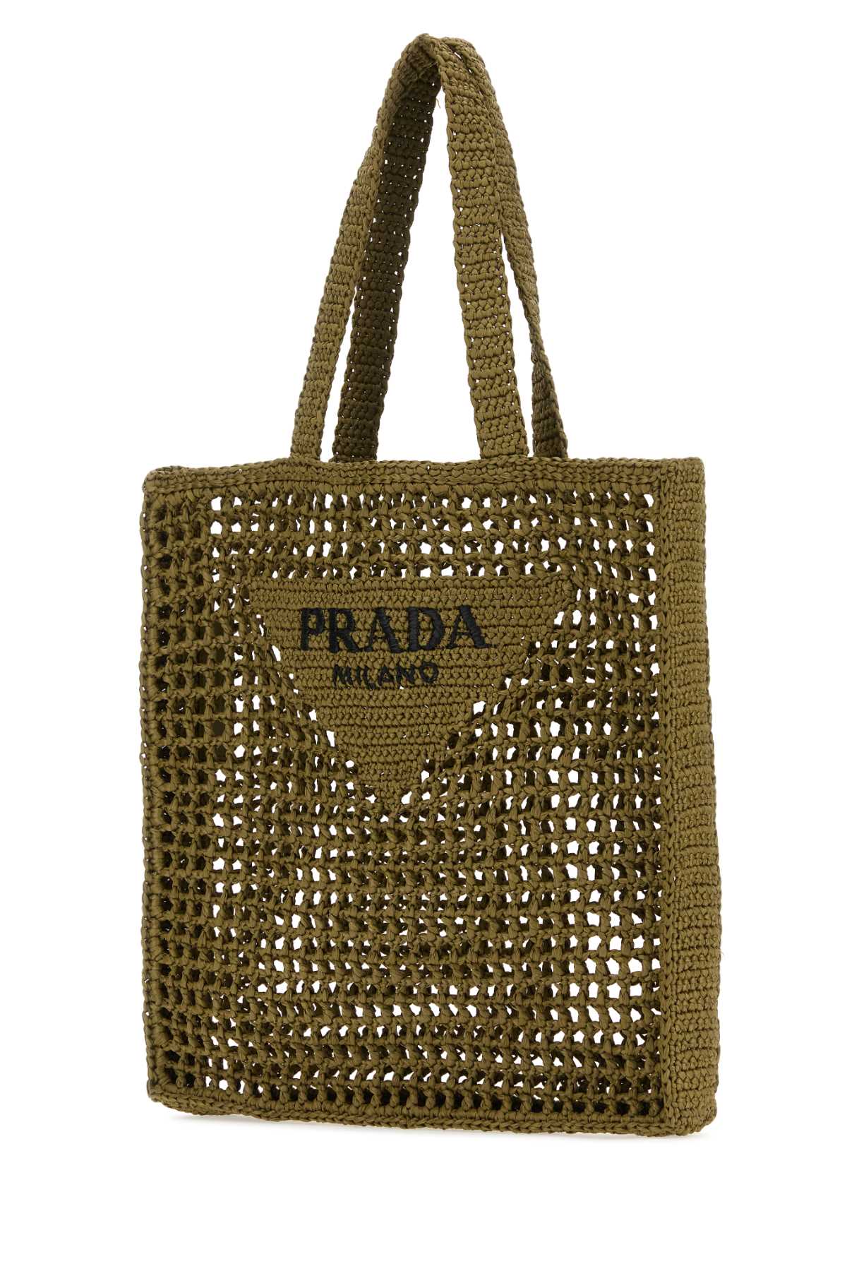 Shop Prada Khaki Crochet Shopping Bag In Oliva