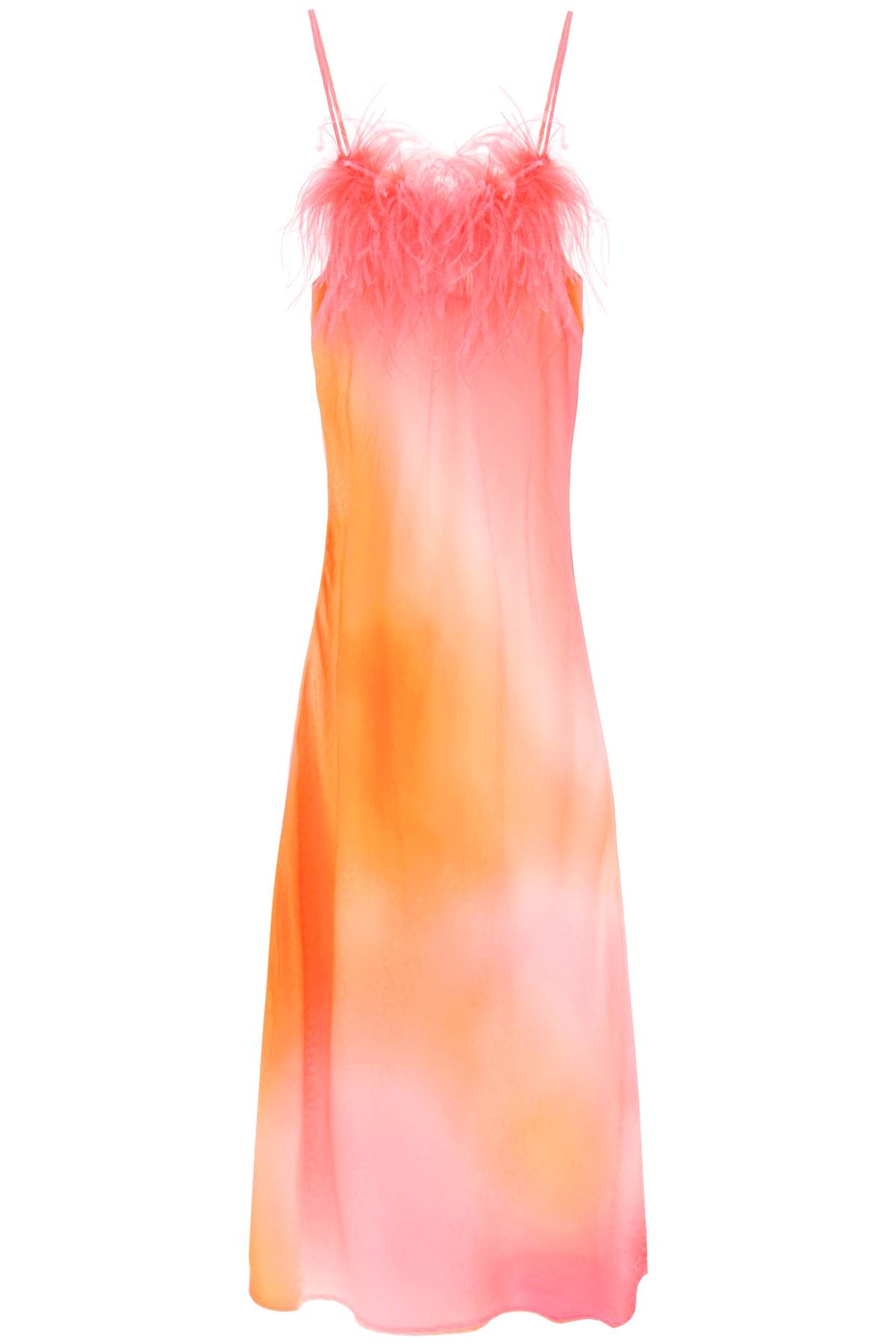 Shop Art Dealer Ella Maxi Slip Dress In Jacquard Satin With Feathers In Pink Orange Print (orange)