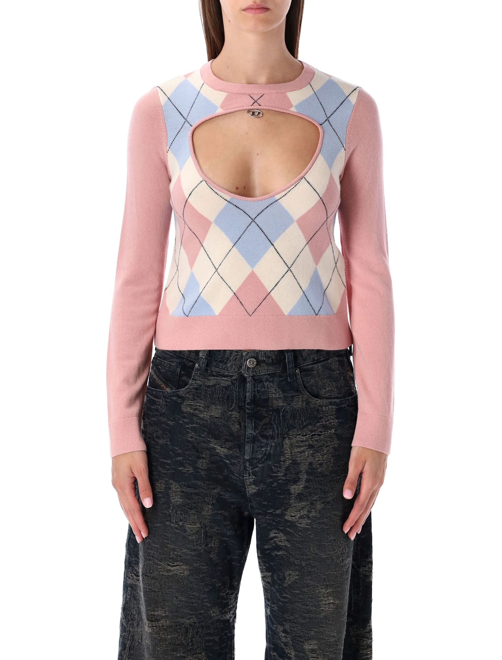Diesel Cut-out Jumper In Argyle Wool In Pink