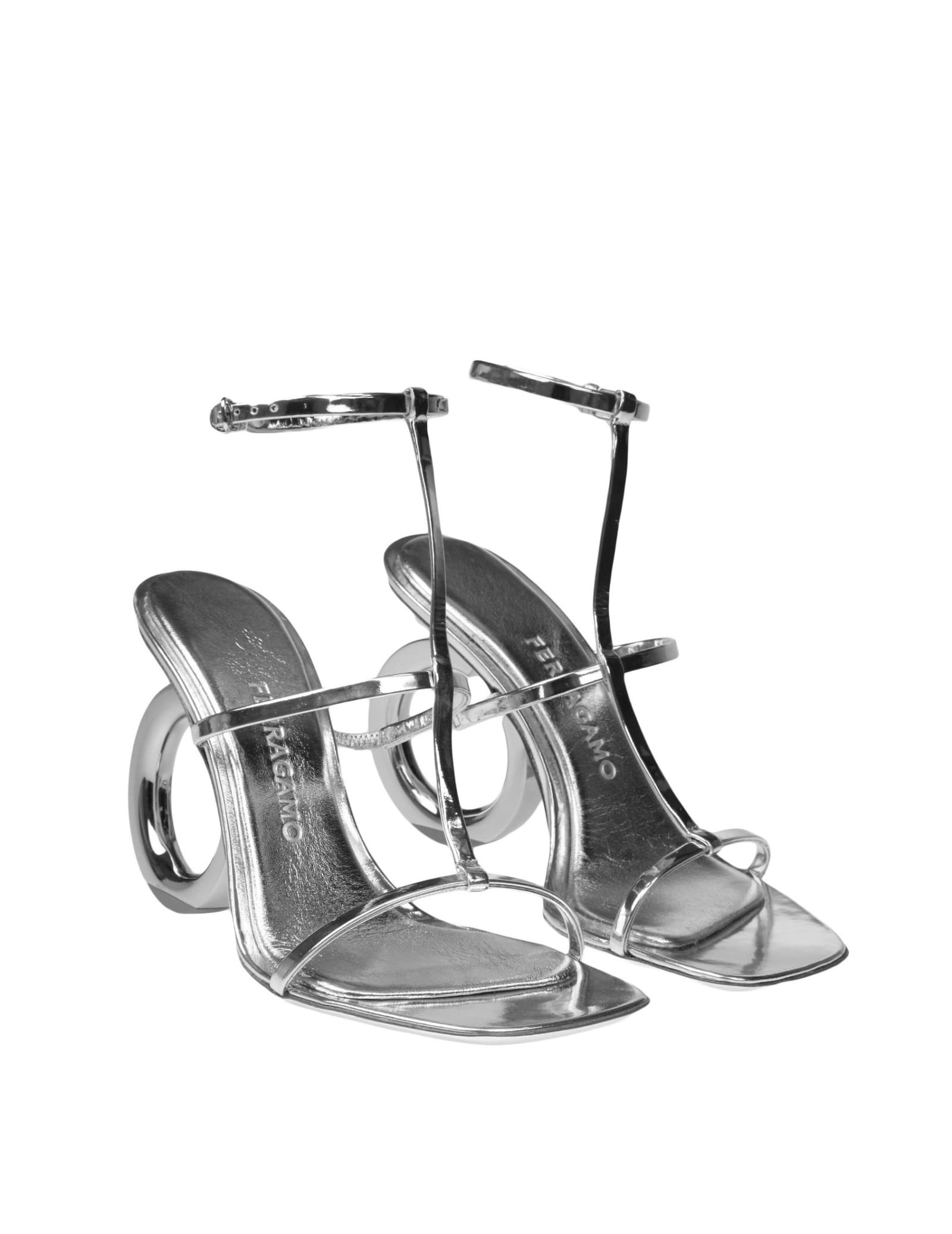 Shop Ferragamo Elina Sandal In Painted Leather With Gancini Heel In Silver