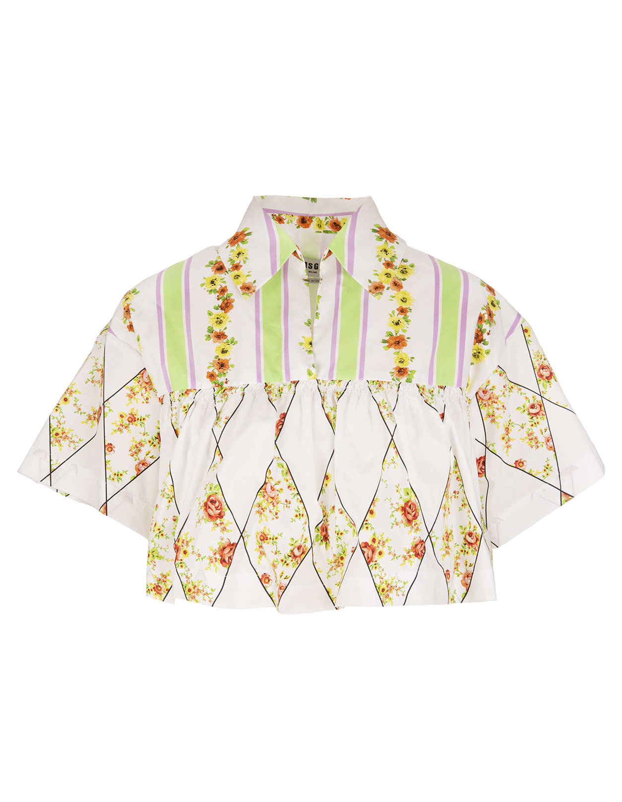 MSGM Woman White Crop Shirt With stripes And Flowers Pattern