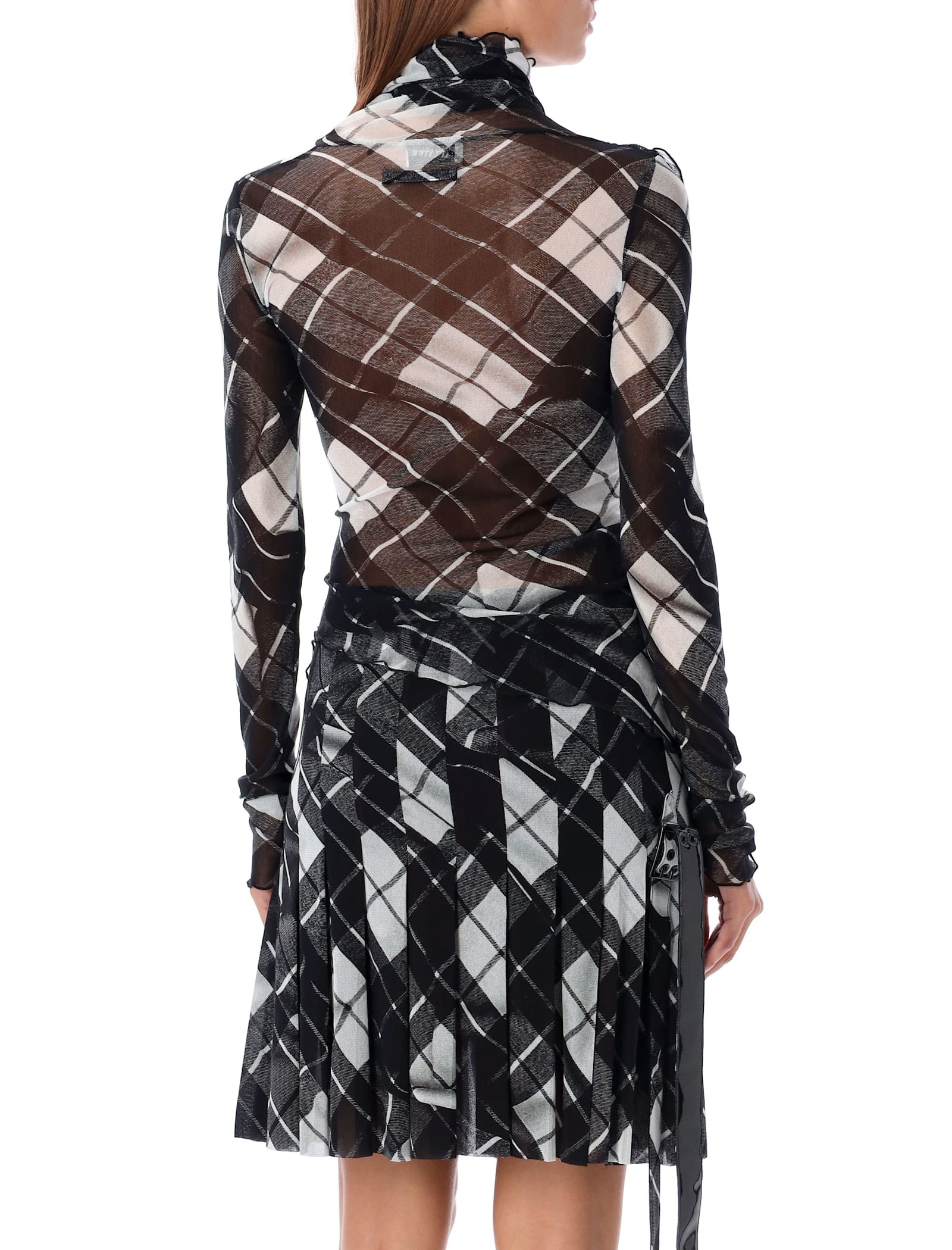 Shop Jean Paul Gaultier Mesh Draped Tartan Top In Black Grey White