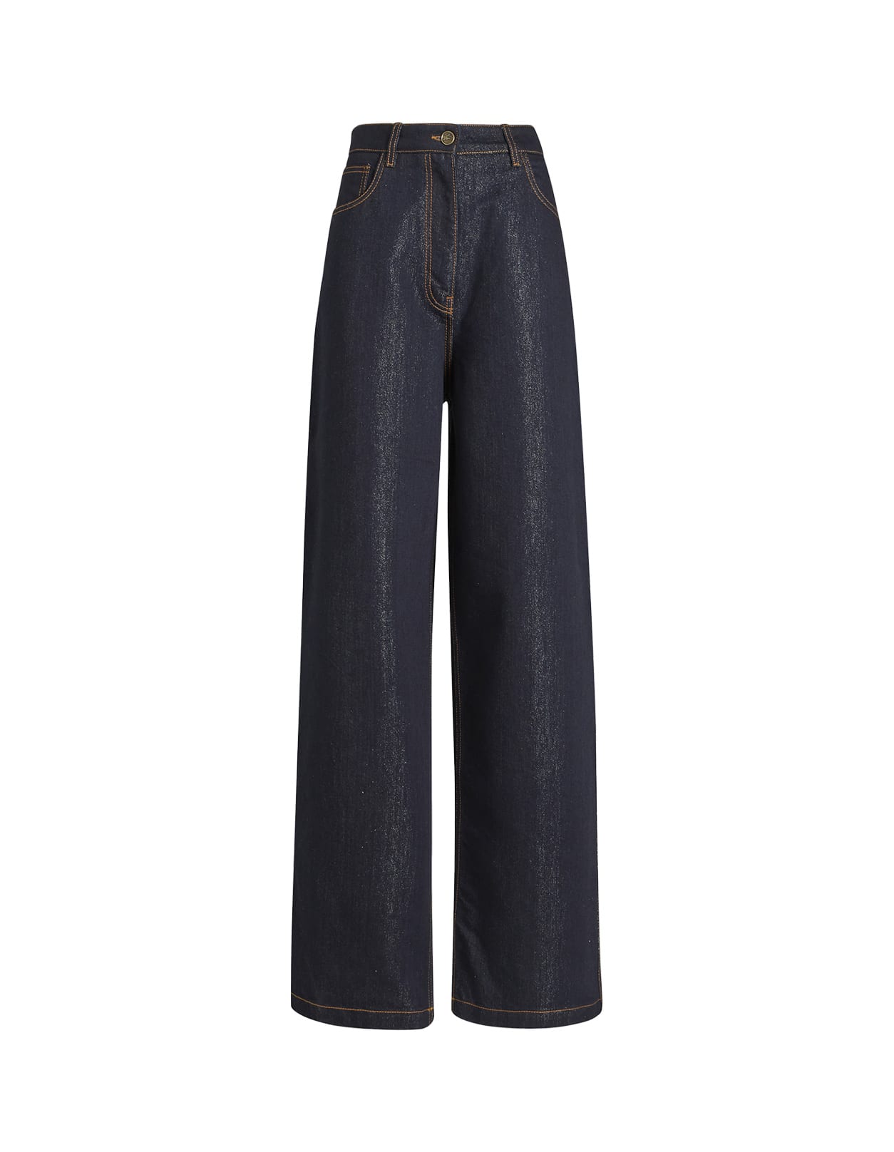 Shop Etro Navy Blue Lurex Denim Baggy Jeans