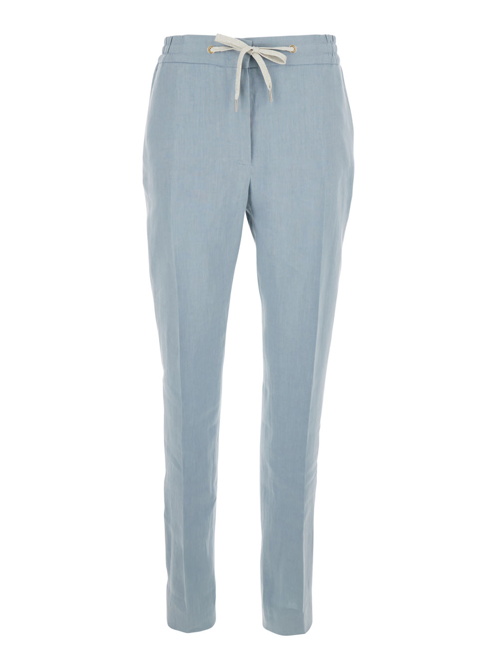 Light Blue Drawstring Waist Pants In Linen Woman