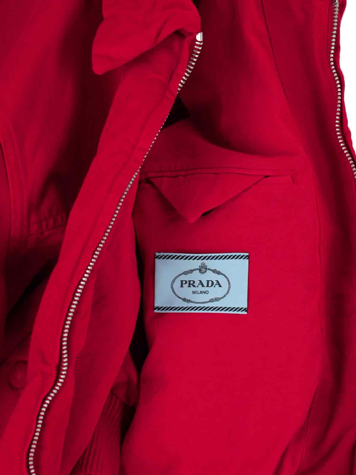 Prada Pocketed Collar Cropped Ribbed Jacket In Red