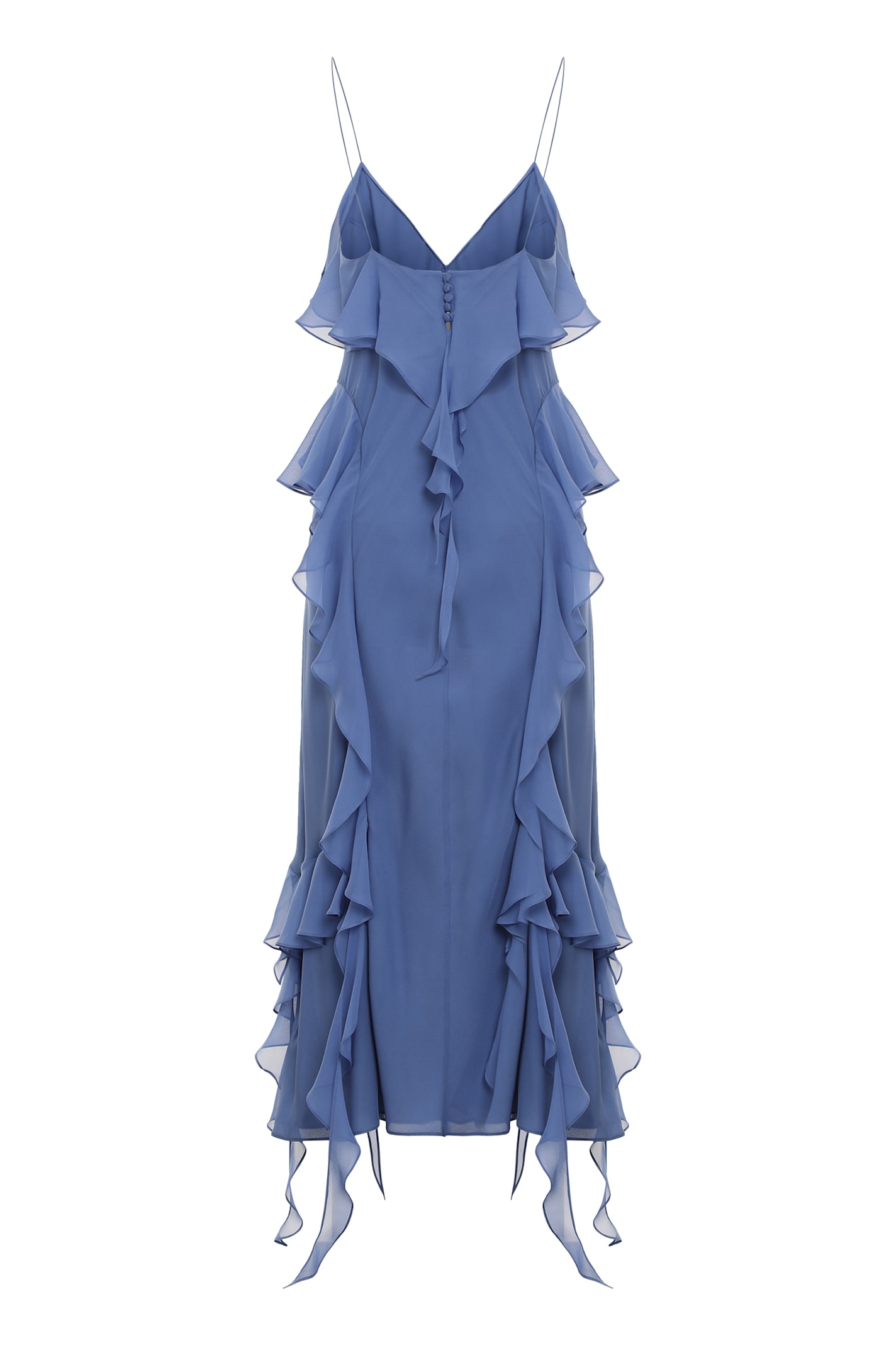 Khaite Pim Cascading-ruffles Sleeveless Maxi Dress In Blue