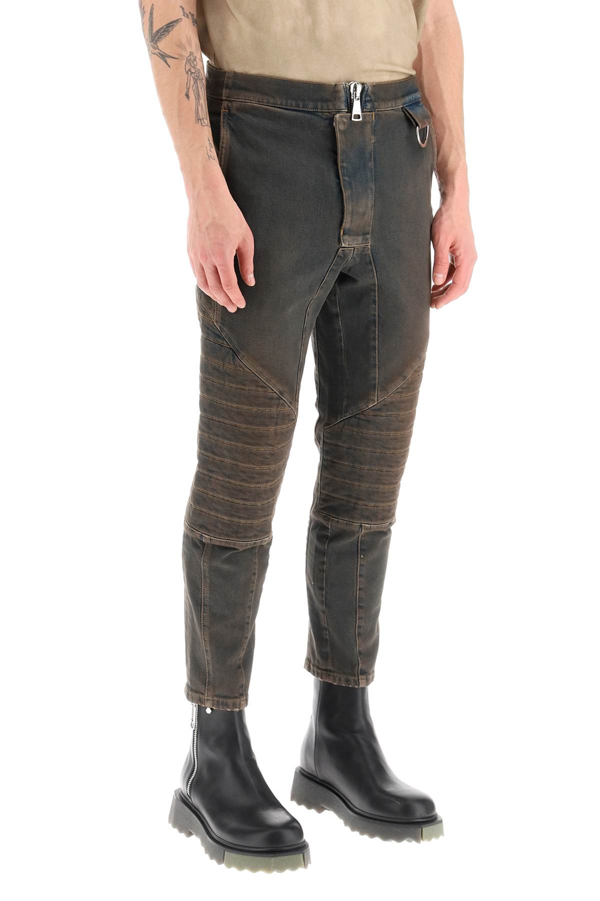 Shop Balmain Stretch Jeans With Quilted And Padded Inserts In Bleu Jean Dirty (brown)