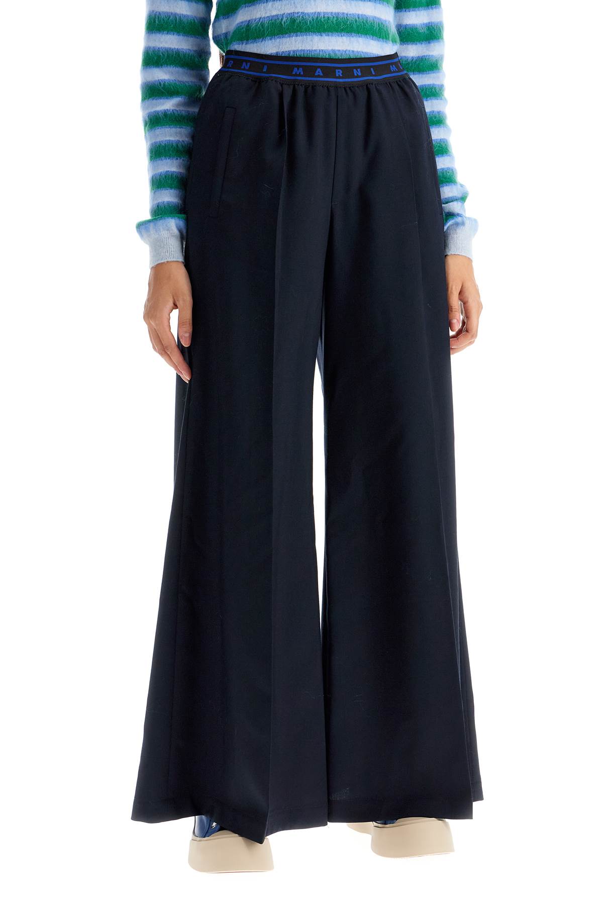 Shop Marni Tropical Wool Palazzo Pants For In Blublack (blue)