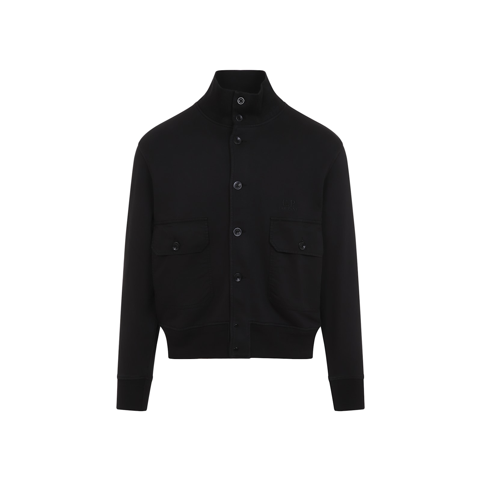 C.p. Company Full Button Sweatshirt With Cotton Poplin Pockets In Black