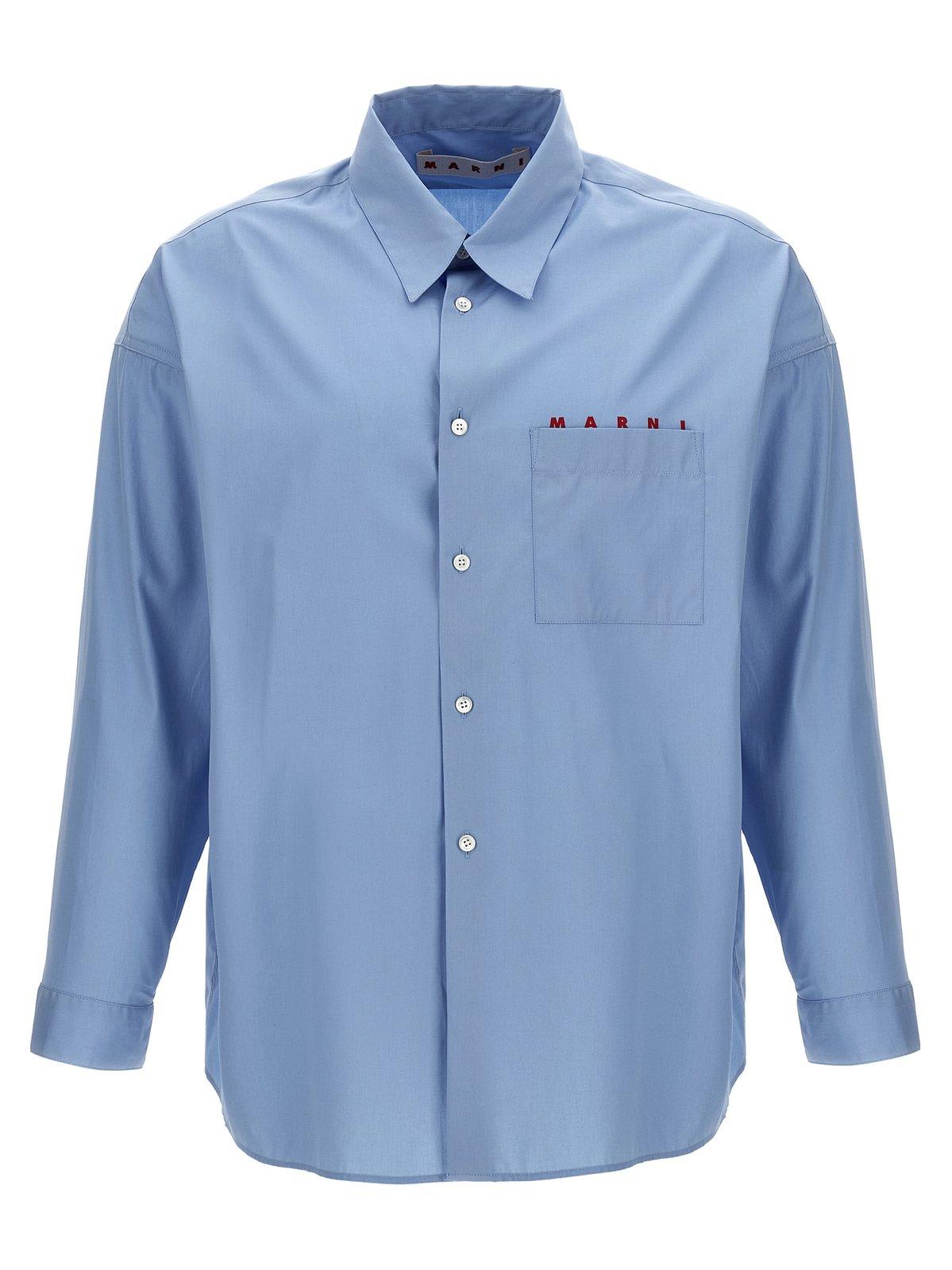 Shop Marni Logo Printed Long-sleeved Shirt In Azzurro