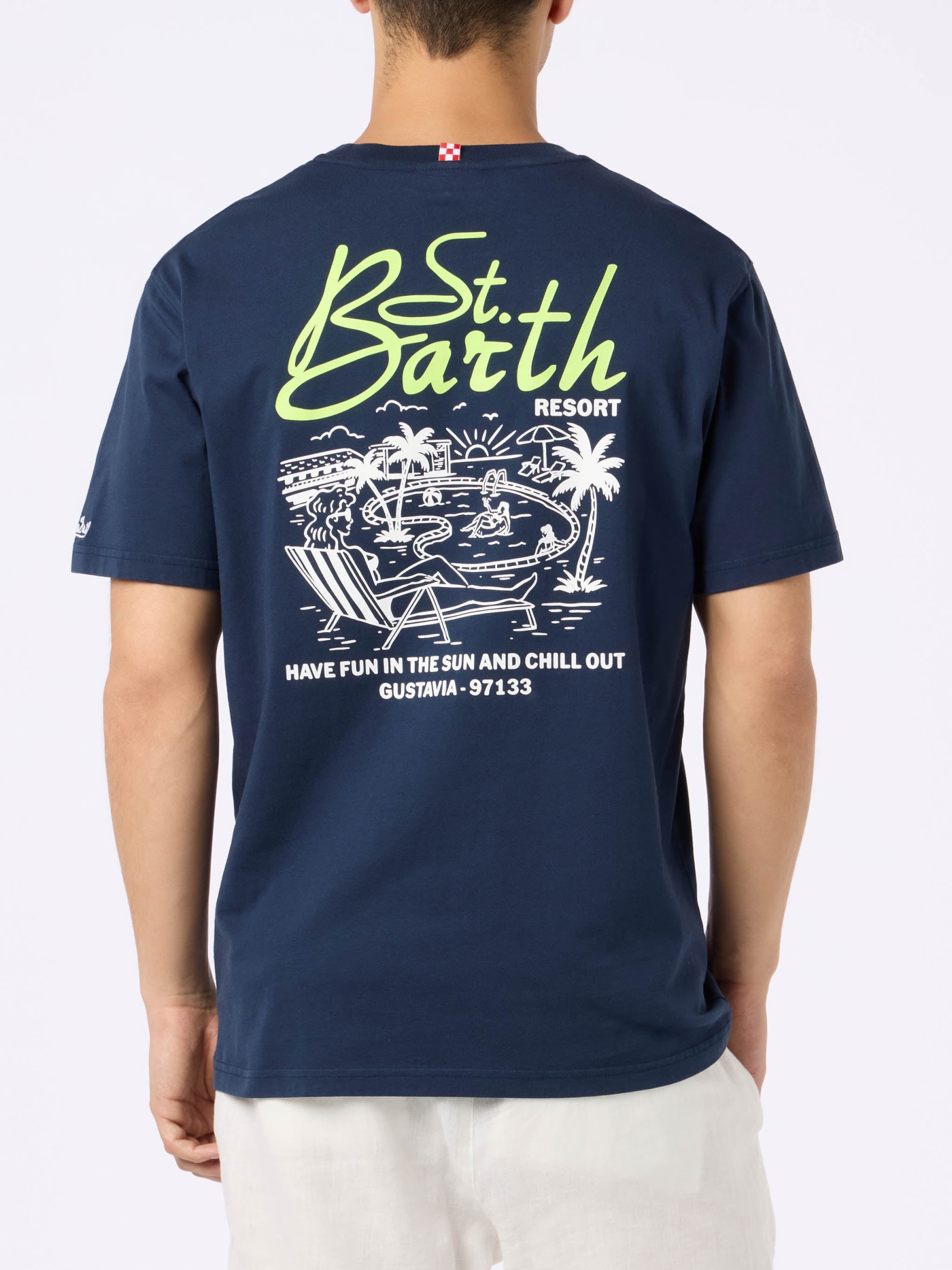 Shop Mc2 Saint Barth Man Cotton T-shirt With St. Barth Resort Placed Print In Blue