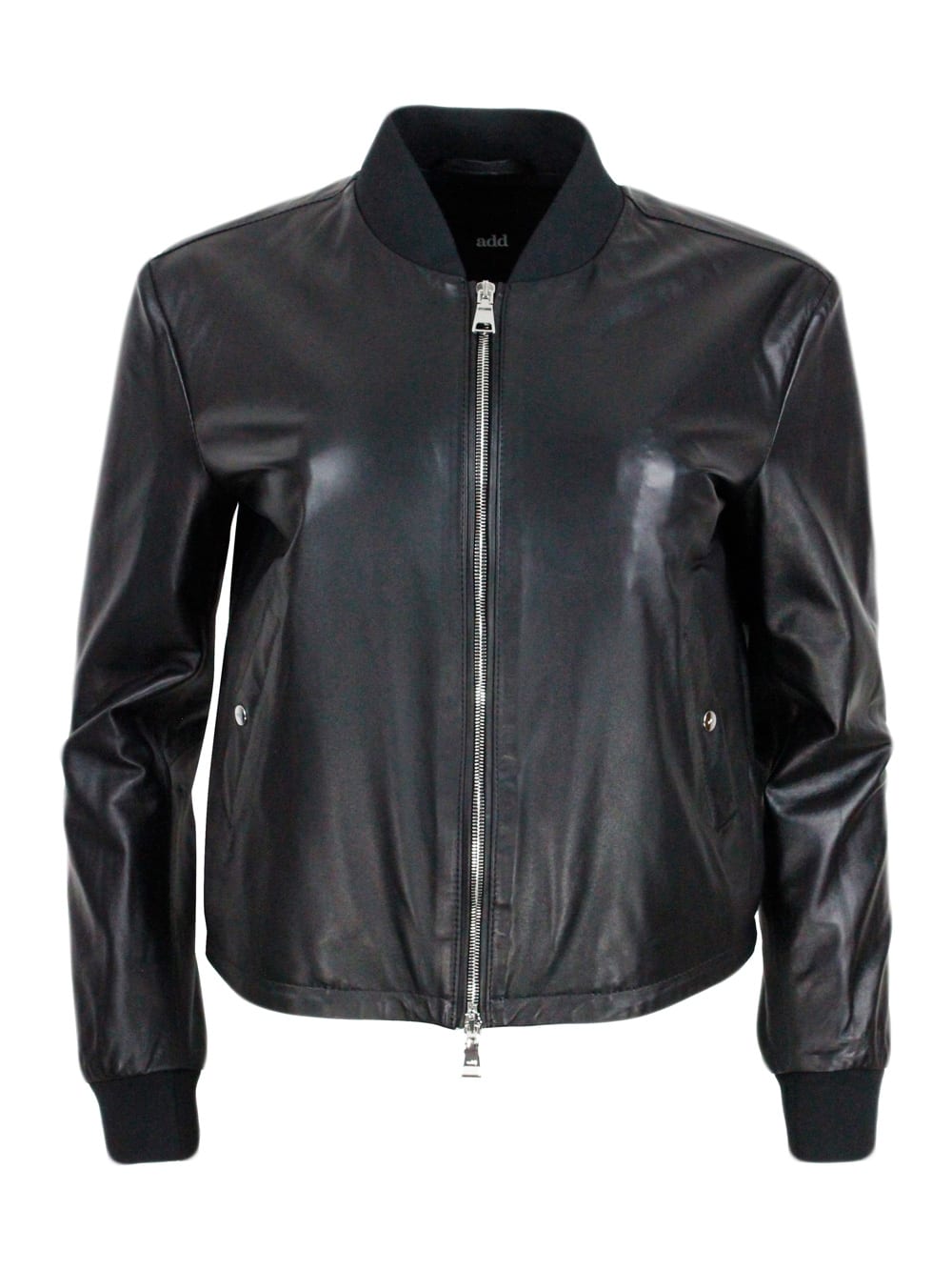 Shop Add Jacket In Soft And Real Lambskin With College Collar And Zip Closure. Stretch Knit Collar And Cuffs In Black
