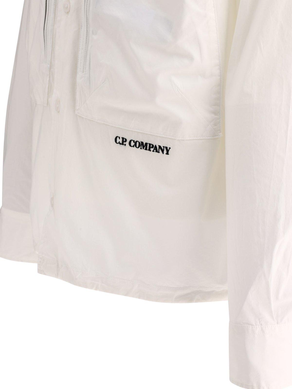 Shop C.p. Company Logo Embroidered Buttoned Poplin Overshirt In Gauze White