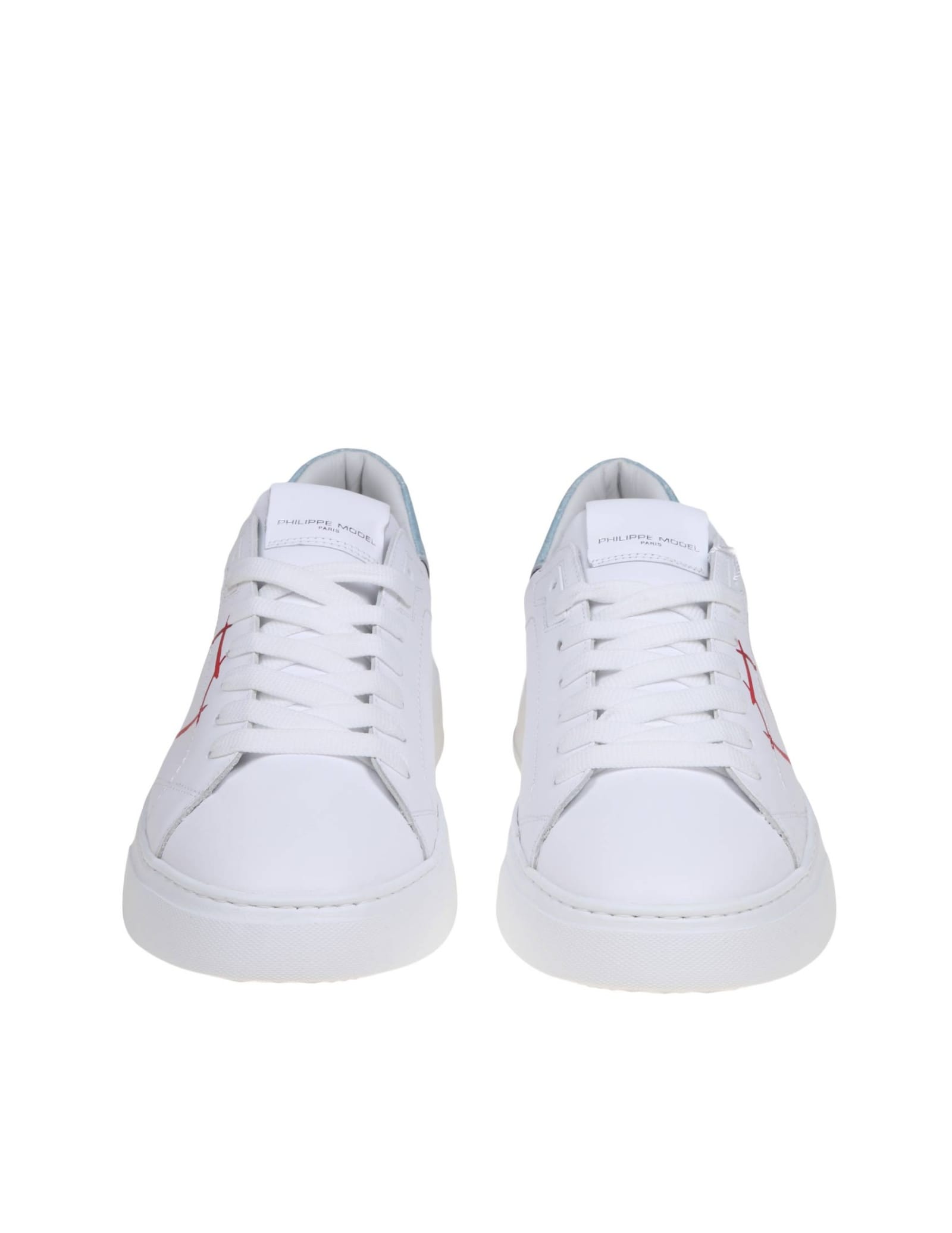 Shop Philippe Model Temple Low Sneakers In White And Light Blue Leather In White/red