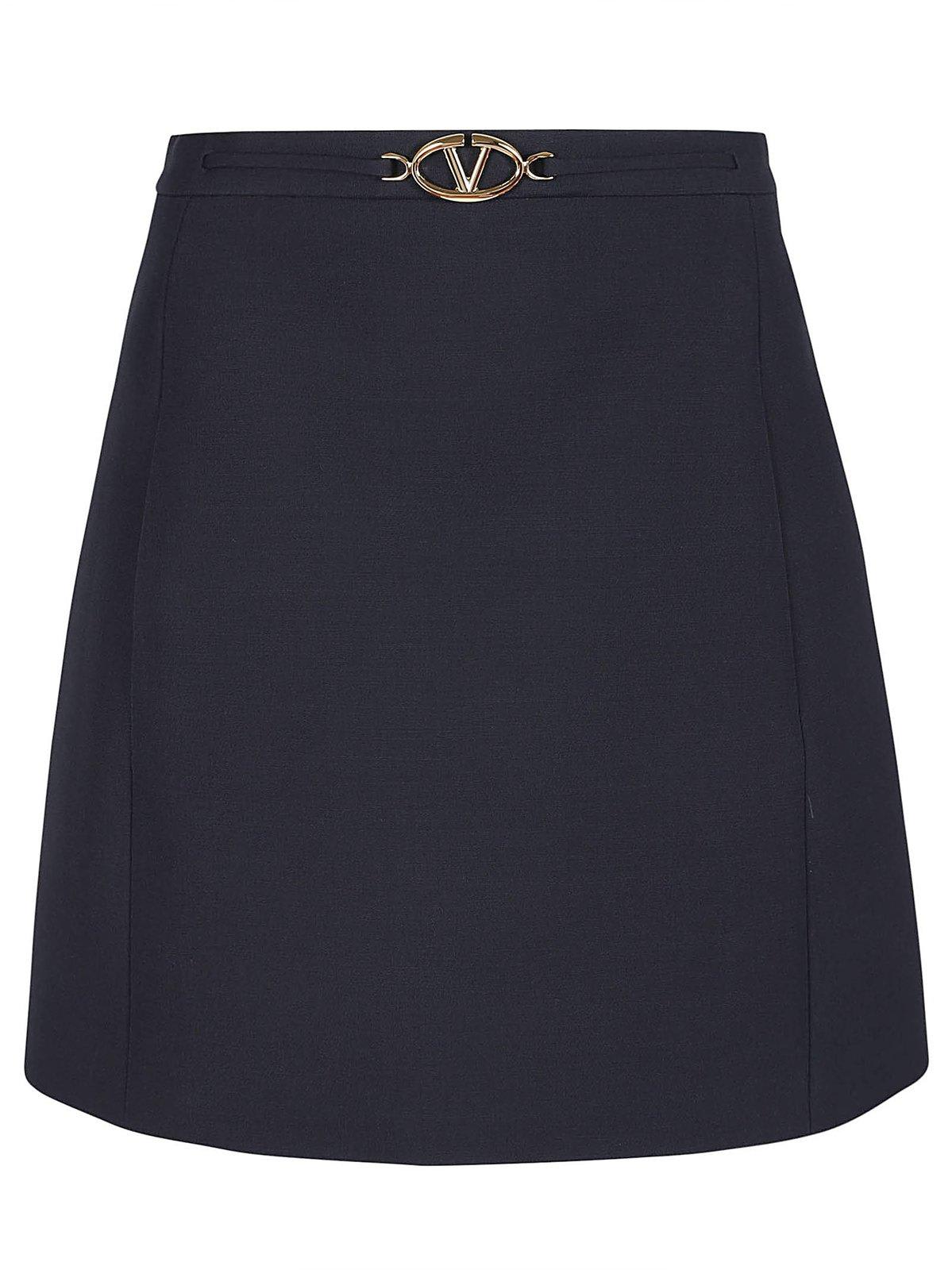 Shop Valentino Logo Plaque High Waist A-line Skirt In Blue