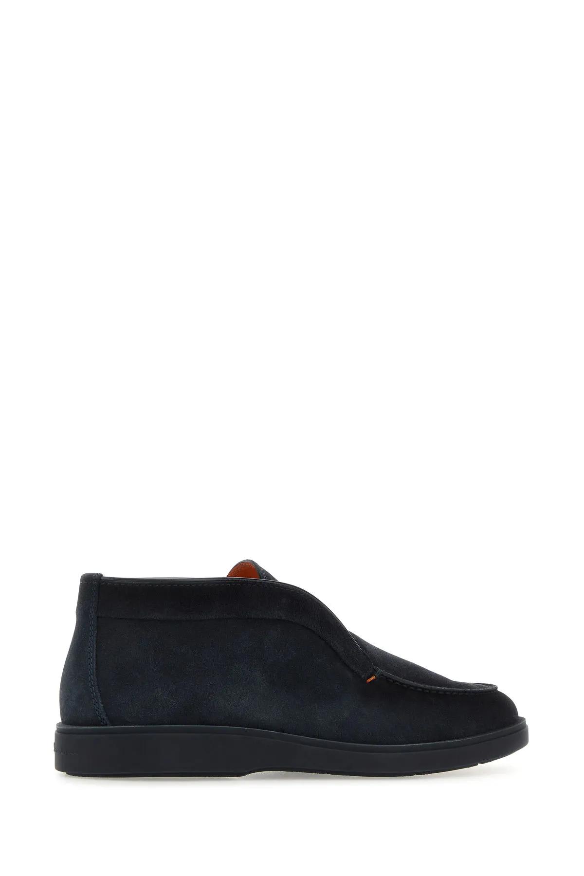 Shop Santoni Navy Blue Suede Loafers