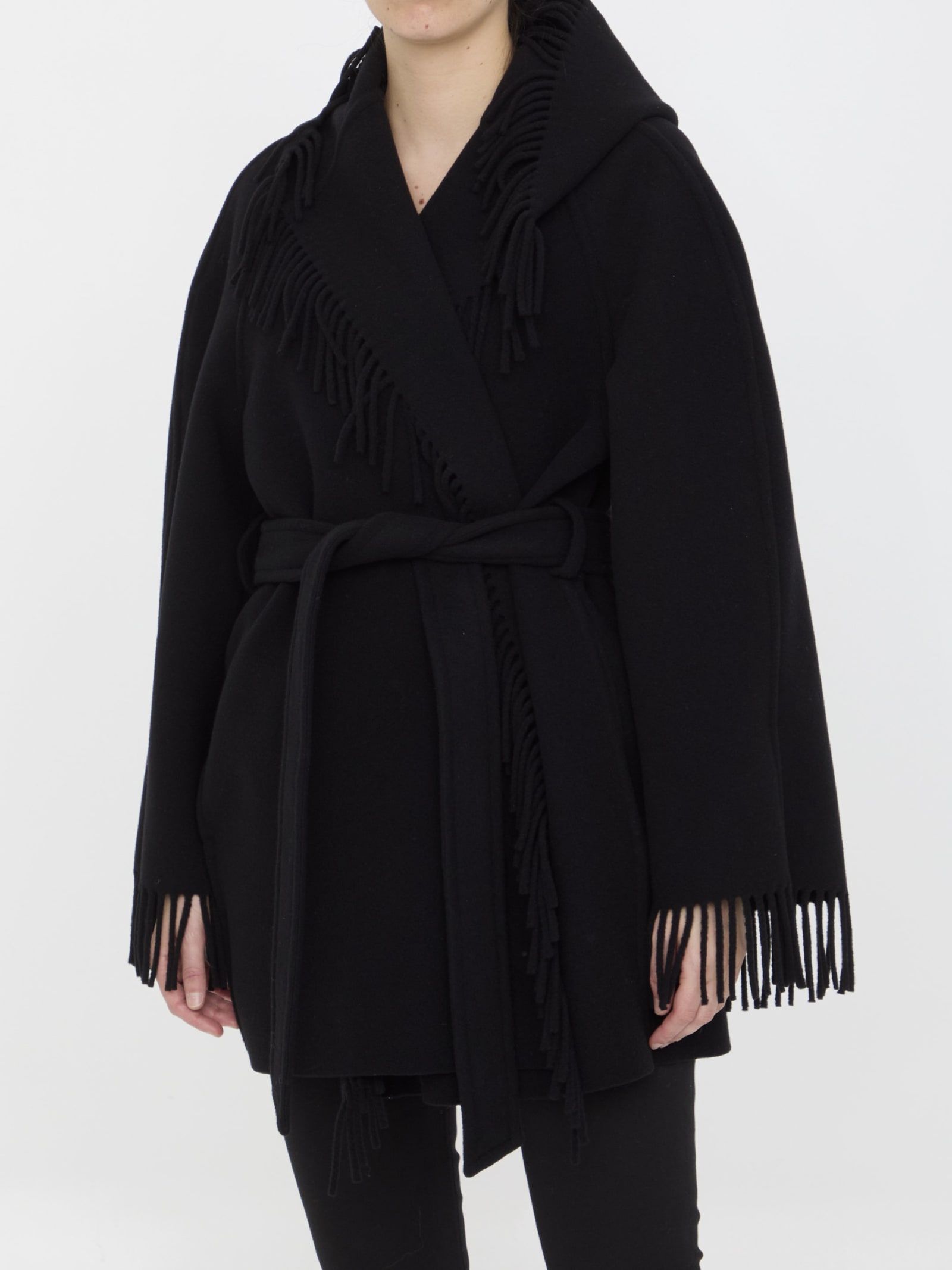 Shop Balenciaga Fringe Coat In Black