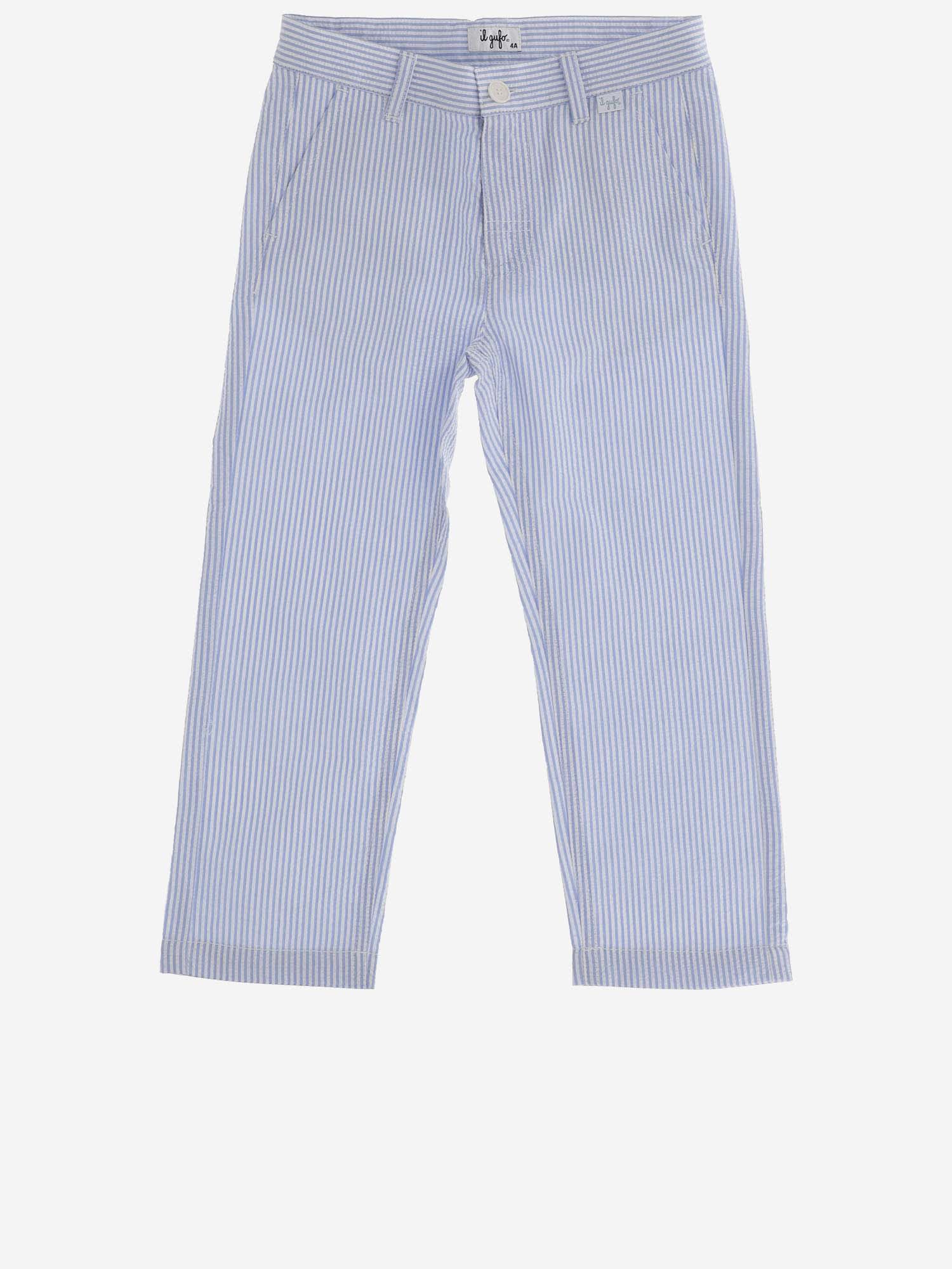 Shop Il Gufo Cotton Pants With Striped Pattern In Clear Blue