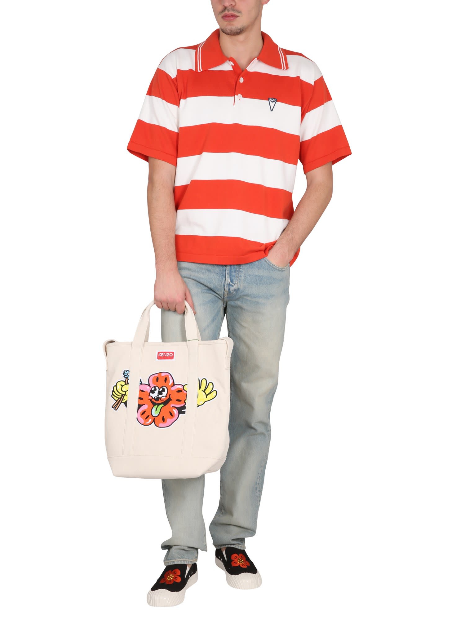 Kenzo White And Red Polo T-shirt With Embroidered Logo In Red