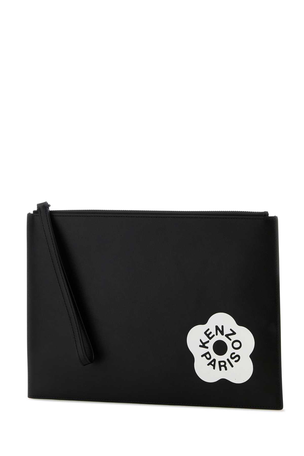 Shop Kenzo Black Leather Large  Stamp Clutch In Noir