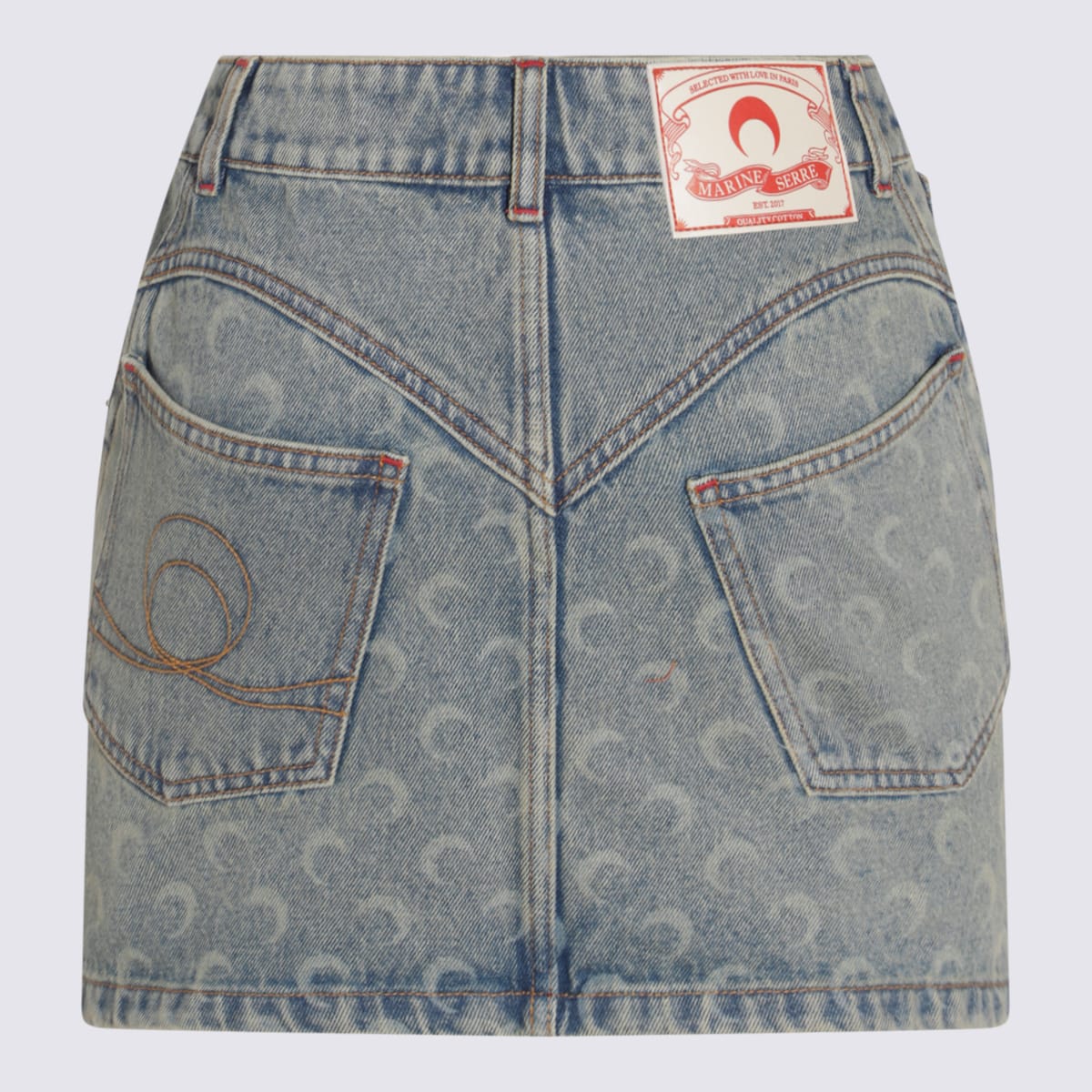 Marine Serre Moon Monogrammed Denim Mini Skirt In Light Blue