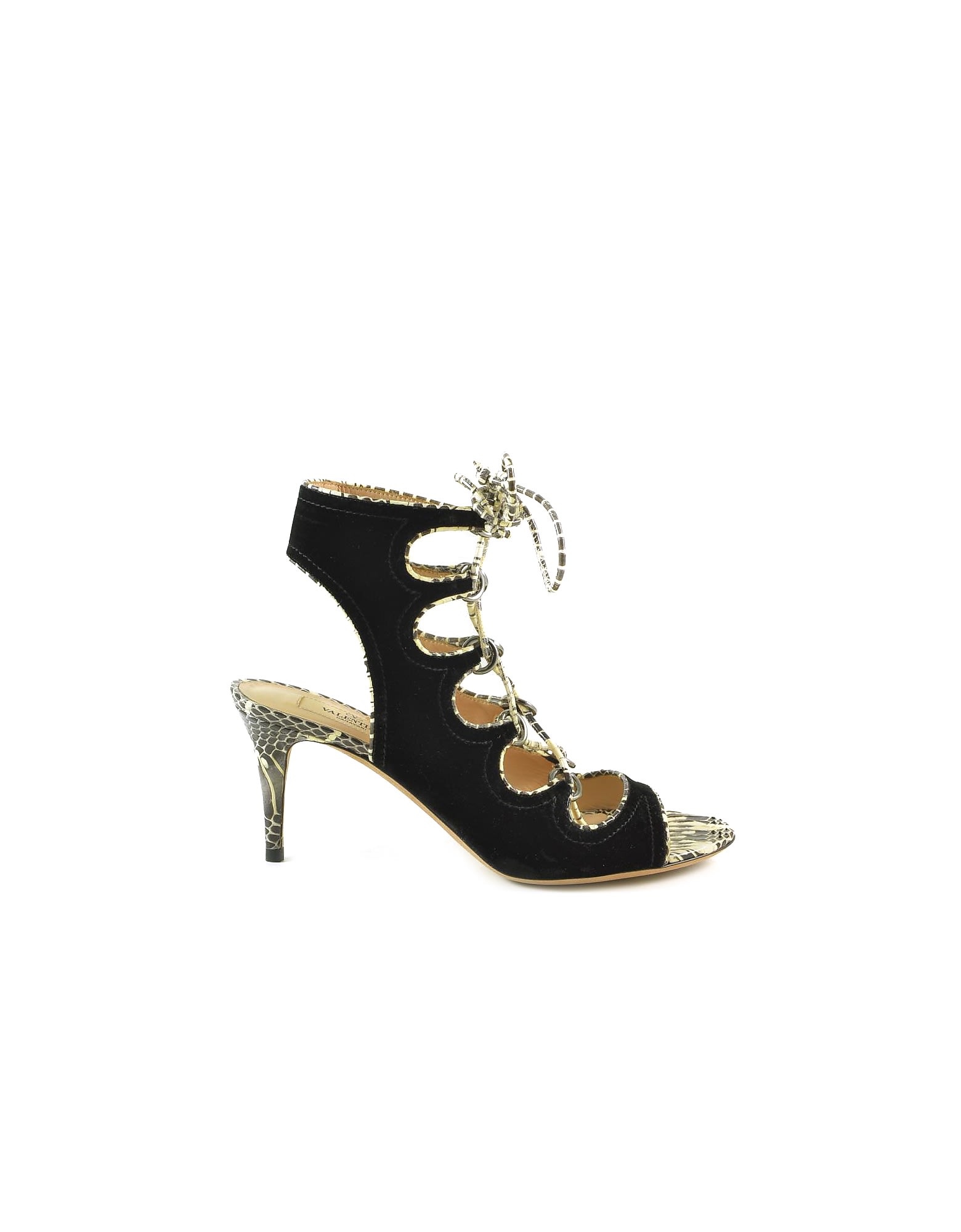 Valentino Black Suede And Stone Snake Print Lace Up Sandals
