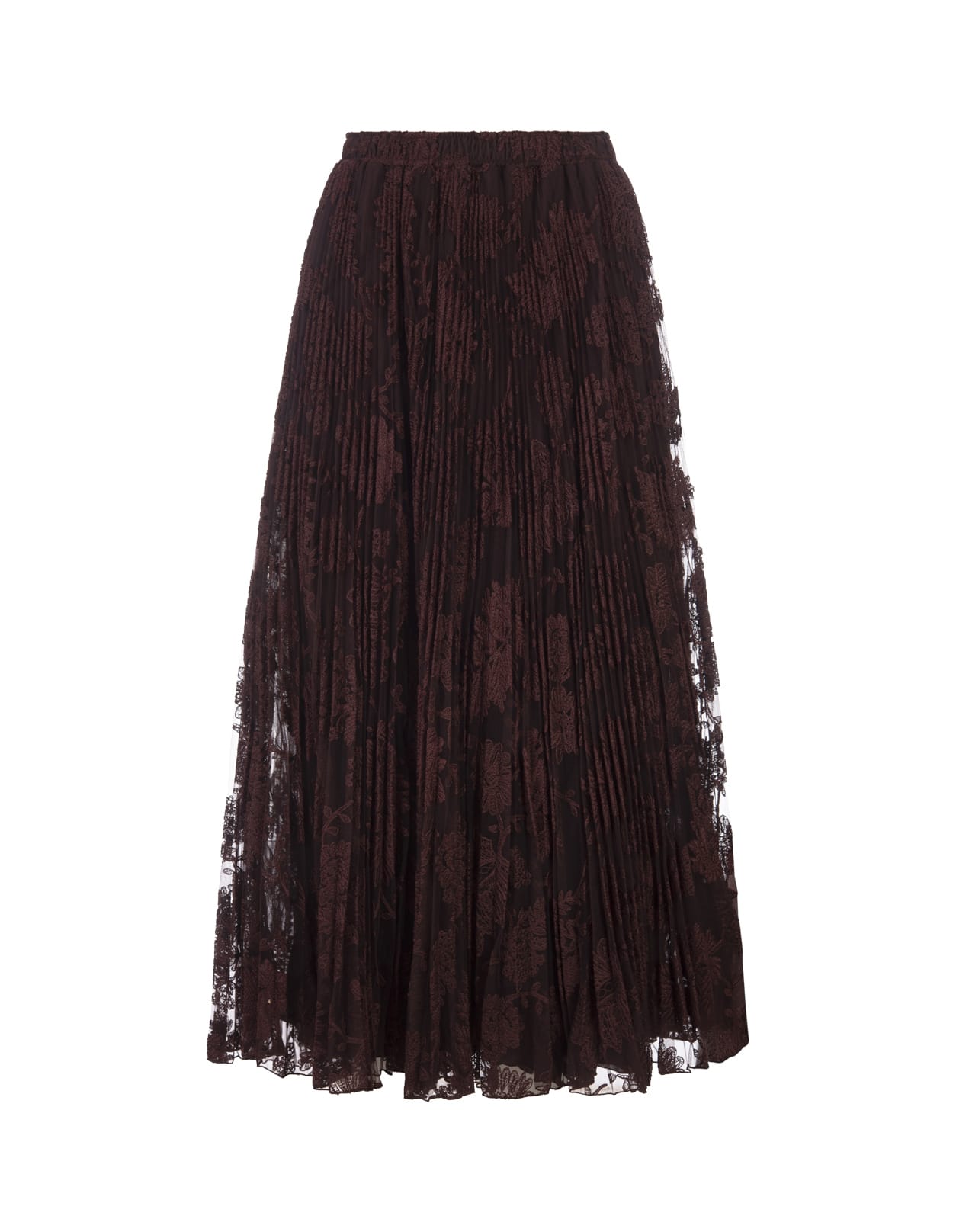 Shop Ermanno Scervino Brown Pleated Lace Midi Skirt