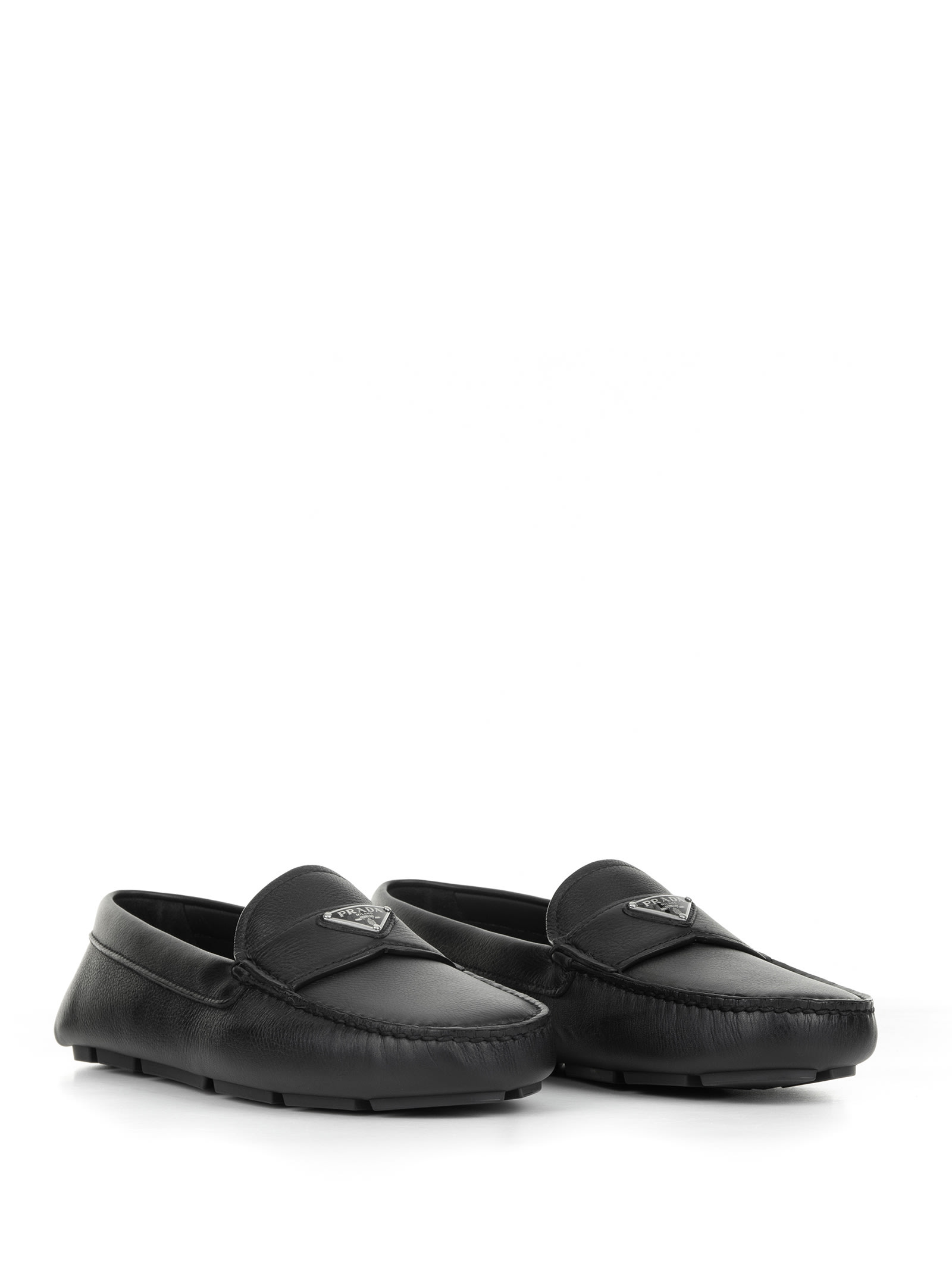 Prada Leather Moccasin With Logo In Nero
