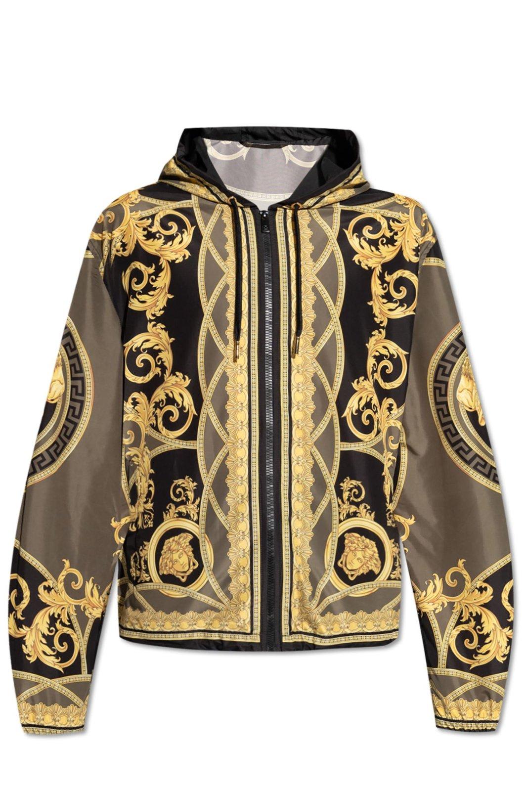 Shop Versace La Coupe Des Dieux Zipped Windbreaker In Black+dark Olive+gold (green)