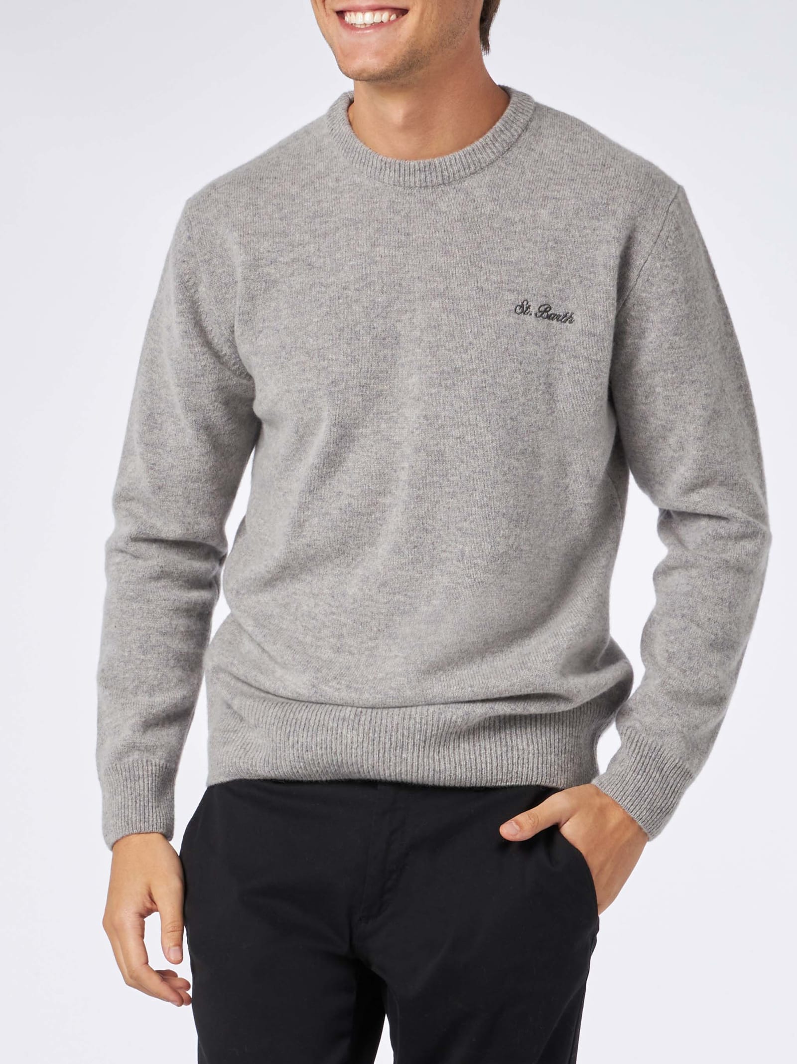 Shop Mc2 Saint Barth Man Crewneck Grey Melange Sweater With St. Barth Embroidery