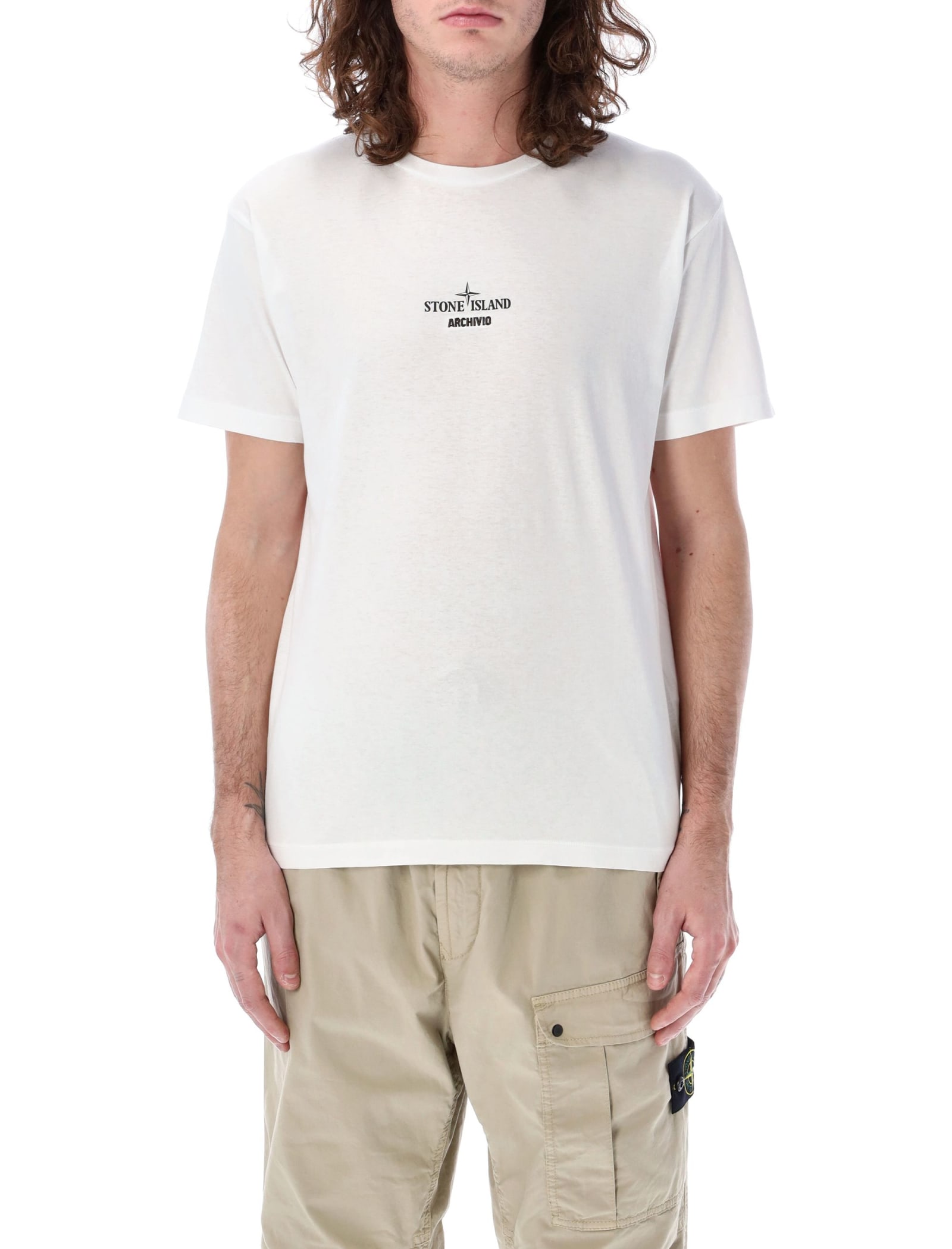 Stone Island Archivio Logo-print Embroidered Cotton-jersey T-shirt In White