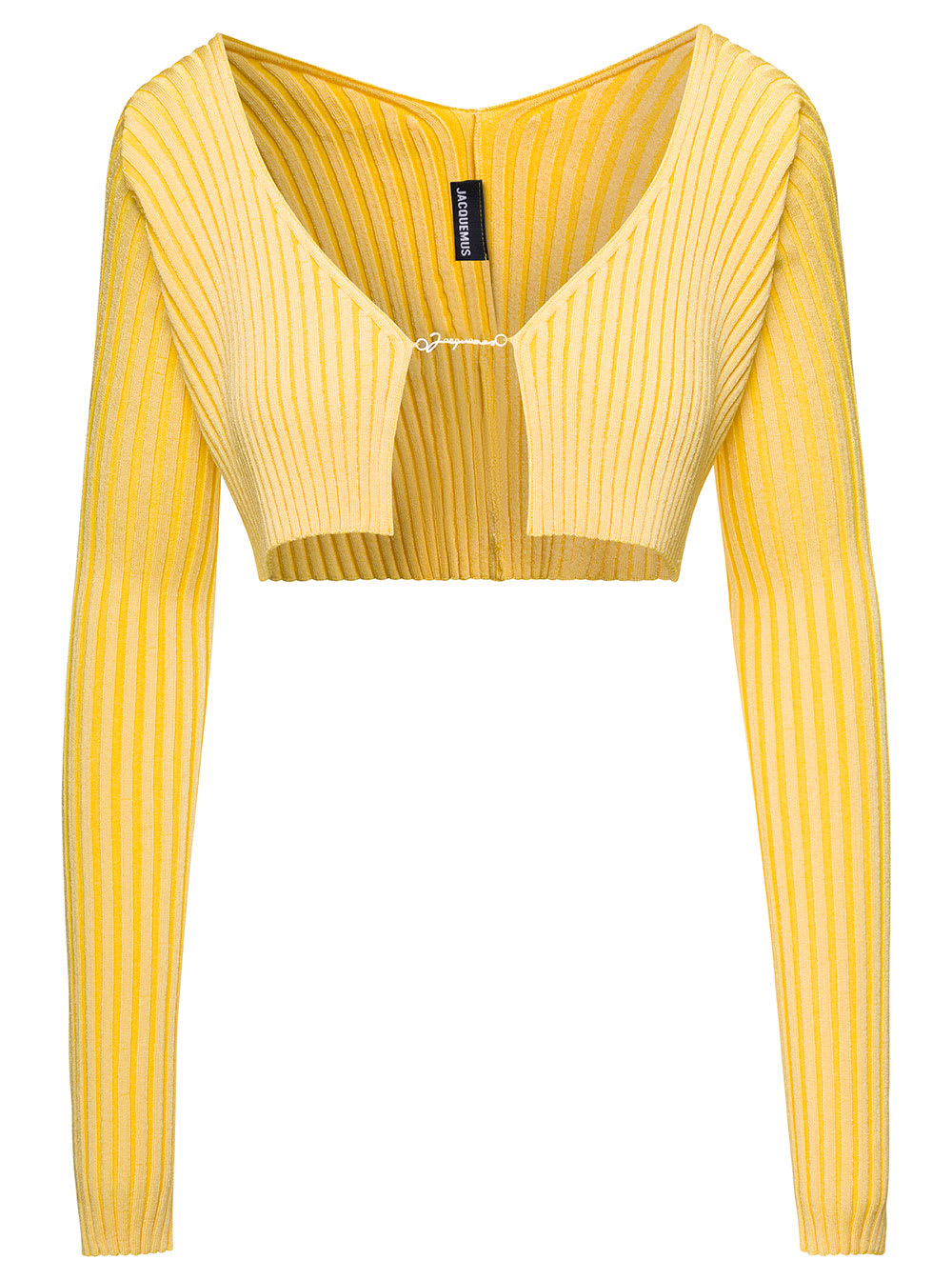 Jacquemus Yellow Cropped Cardigan La Maille Pralù With Golden Logo In Stretch Viscose Woman