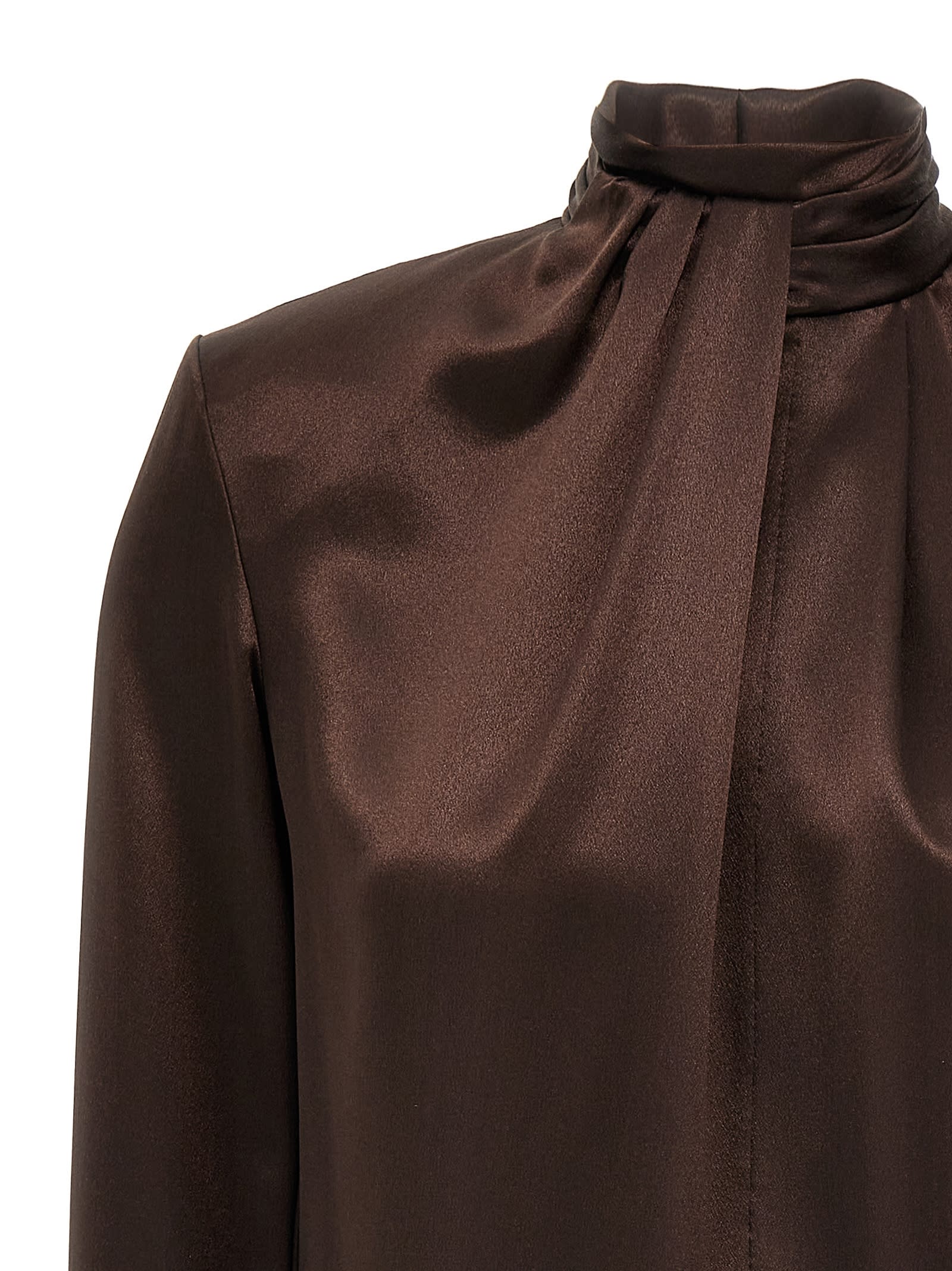 Saint Laurent Satin Blouse High Neckline Buttoned Cuffs In Brown