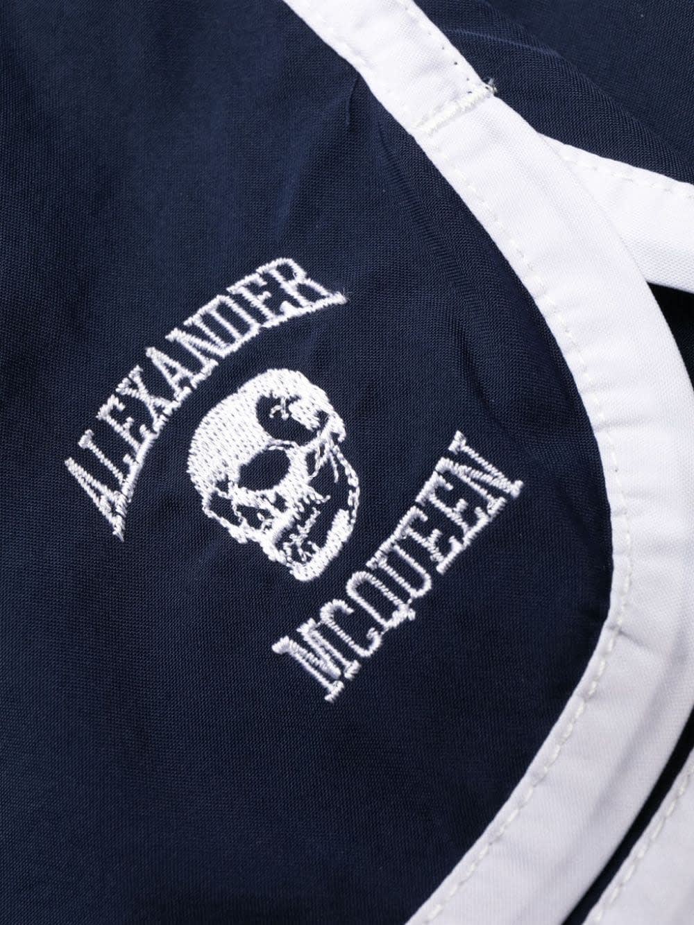 Shop Alexander Mcqueen Varsity Skull Logo Swim Shorts In Blue
