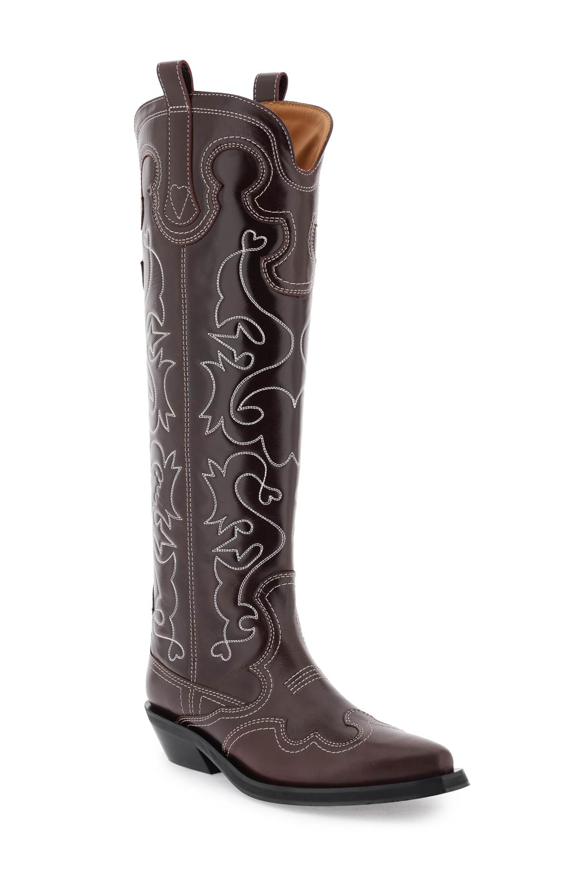 Shop Ganni Embroidered Western High Boots In Burgundy