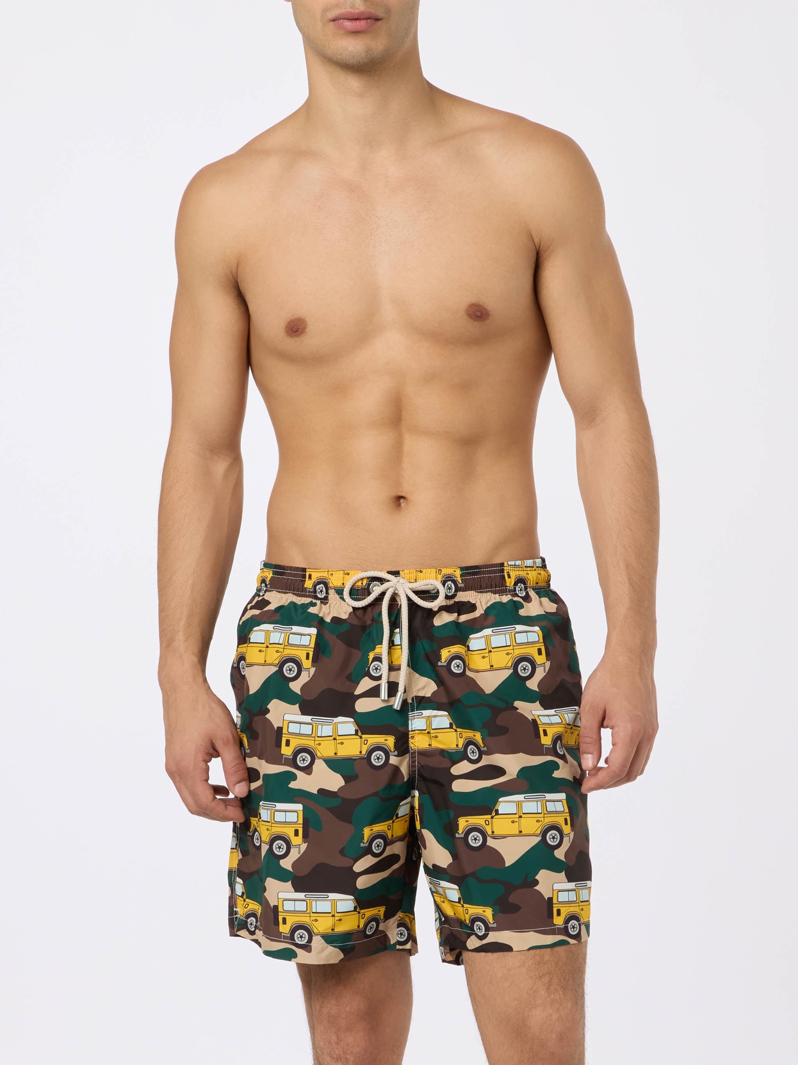 Mc2 Saint Barth Man Lightweight Fabric Swim-shorts Lighting With Off-road Car Print In Green