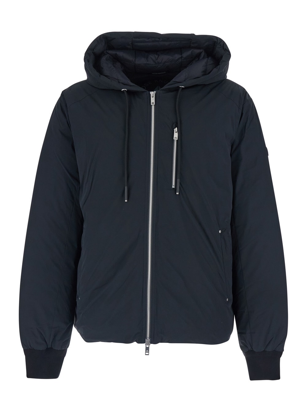 Moose Knuckles Northdale Black Jacket With Drawstring Hood And Logo Patch On The Sleeve In Tech Fabric Man In Blue