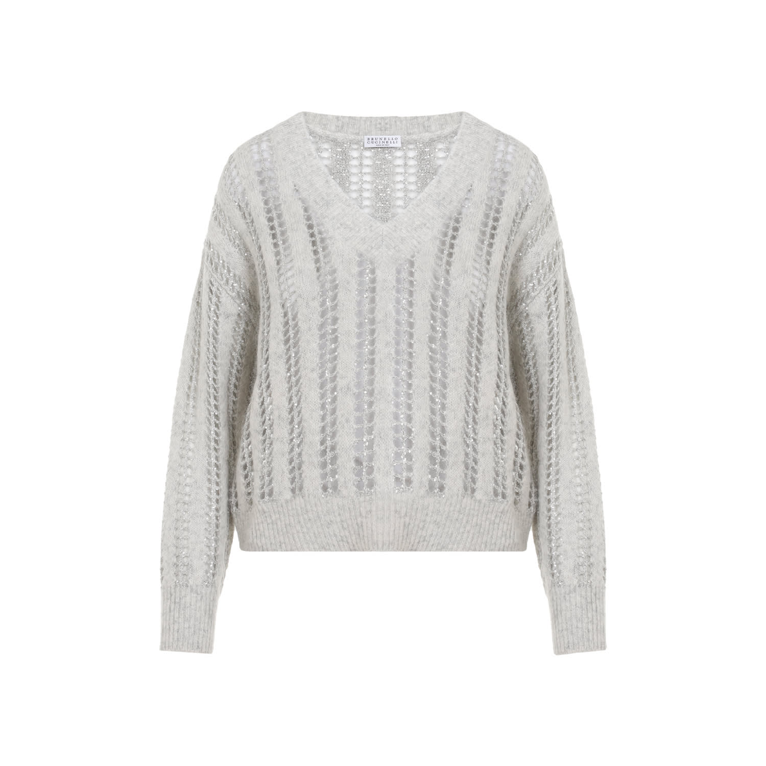 Shop Brunello Cucinelli 3d Ribbed And Shiny Net Sweater In Pearl Grey