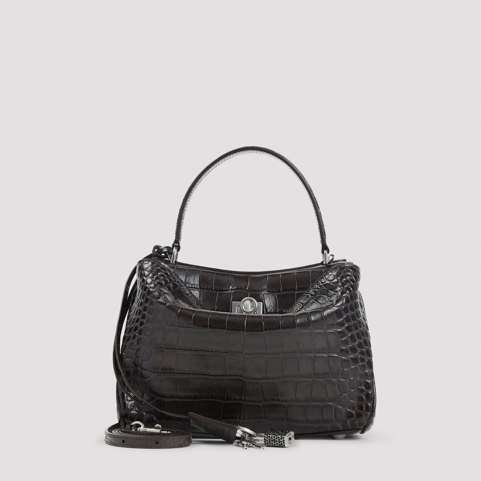 Balenciaga Crocodile Texture Top Handle Shoulder Bag In Brown