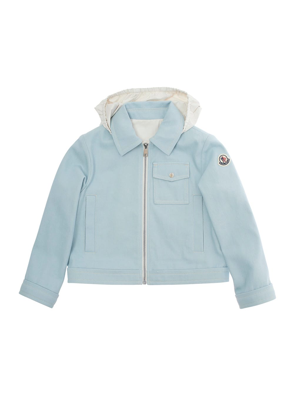 Moncler Esme Light Blue Jacket With Hood And Logo Patch On The Sleeve In Tech Fabric Girl In Blue