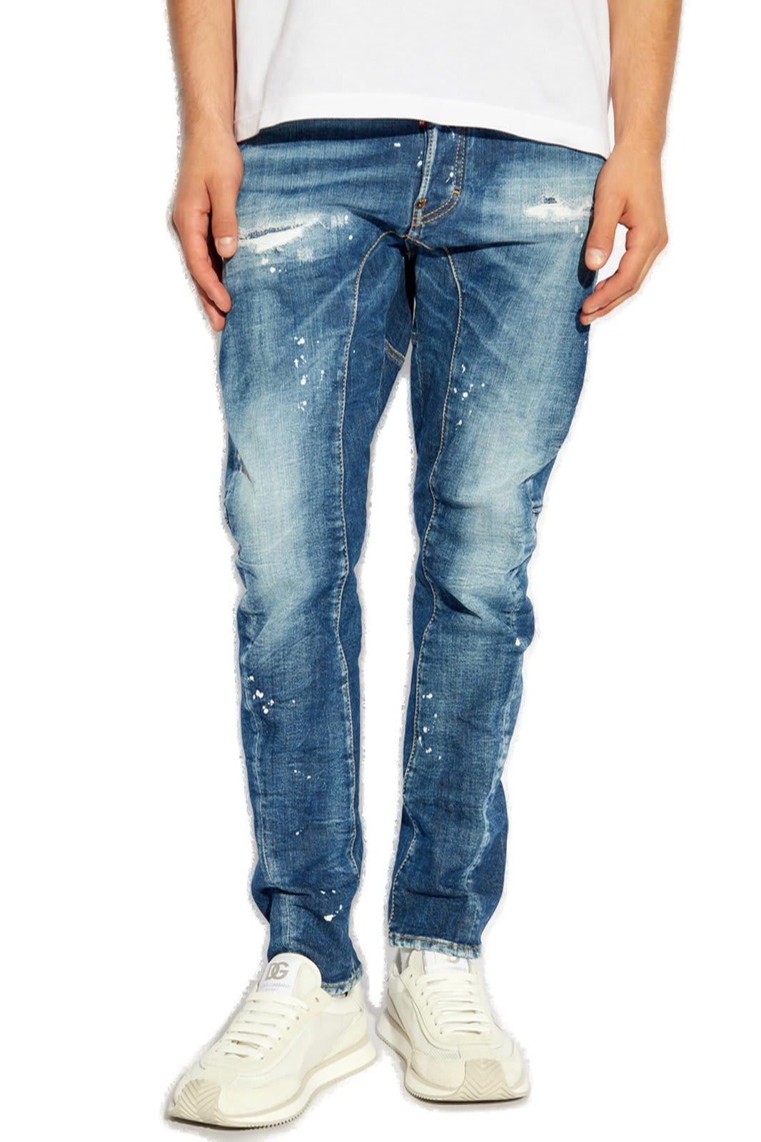 Shop Dsquared2 Logo Patch Distressed Skinny Jeans In Navy Blue